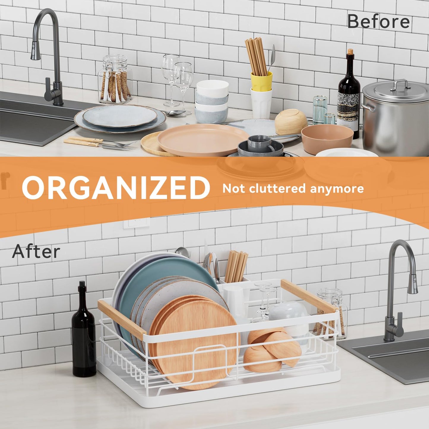 BRIAN & DANY Dish Drying Rack, Dish Racks for Kitchen Counter, Stainless Steel Dish Drainer with Removable Cutlery Holder & Drainboard, White