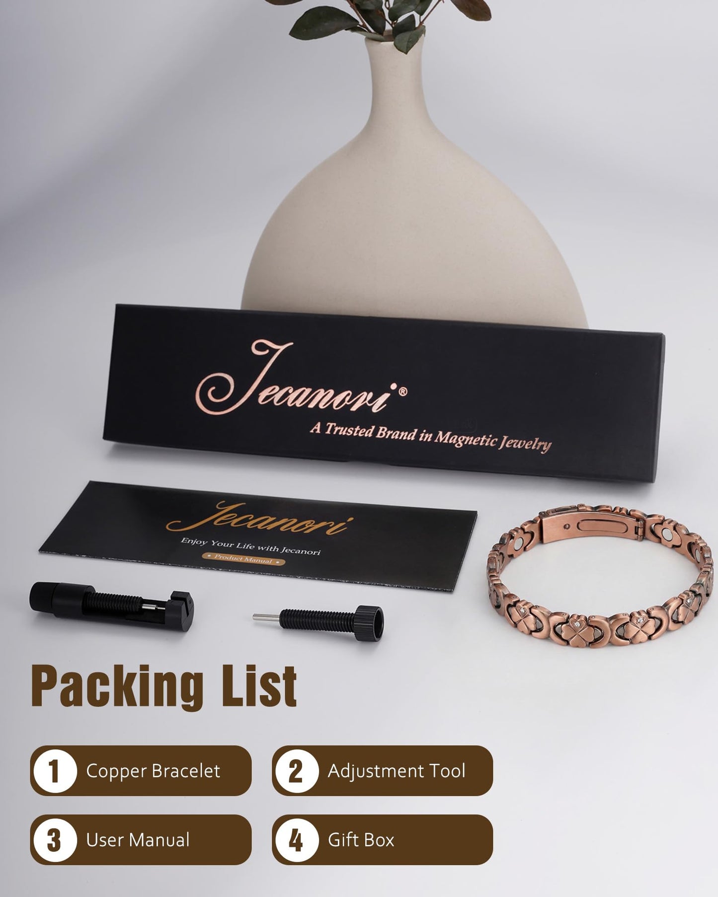 Jecanori Magnetic Copper Bracelet for Women — 3500 Gauss Magnets — Premium Fold-Over Clasp & Adjustable Length,Copper