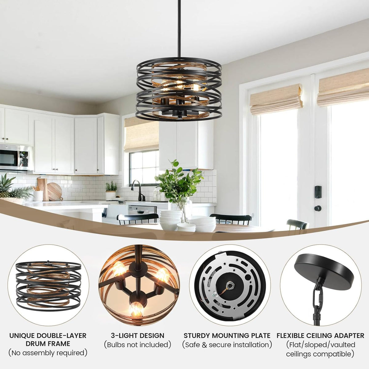 Farmhouse Chandelier, Dining Room Light Fixture, 3-Light Modern Black Pendant Light Fixture, Rustic Industrial Ceiling Hanging Light Fixture for Entryway Foyer Kitchen Over Table Hallway