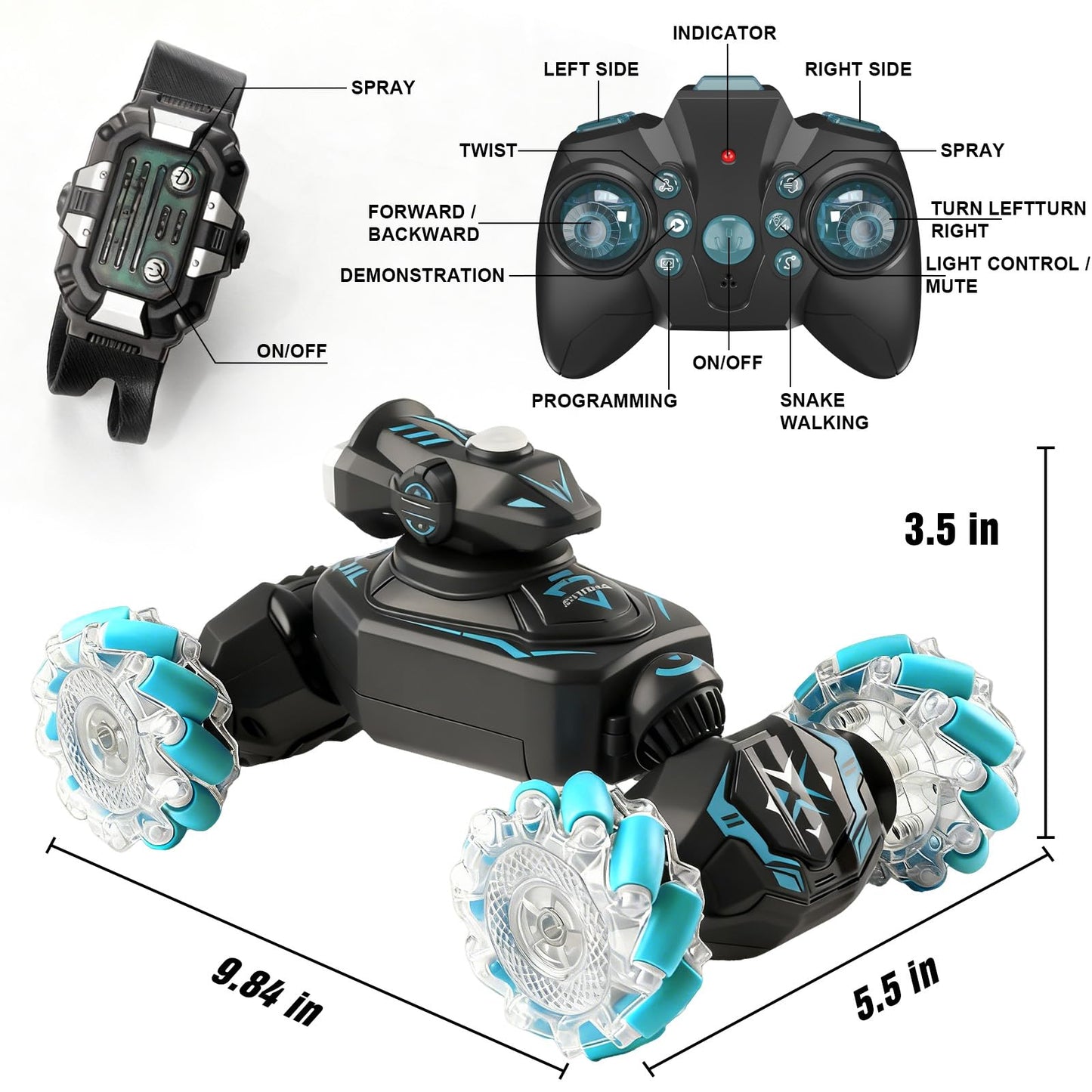 FDCTR Gesture Sensing Remote Control Car, RC Cars Toys for Boys Age 6-12, 4WD Hand Controlled Twist & Transform 360° Spins Stunt Car with Mist, Light & Music, 8-10 Year Old Boys Birthday Gift Blue
