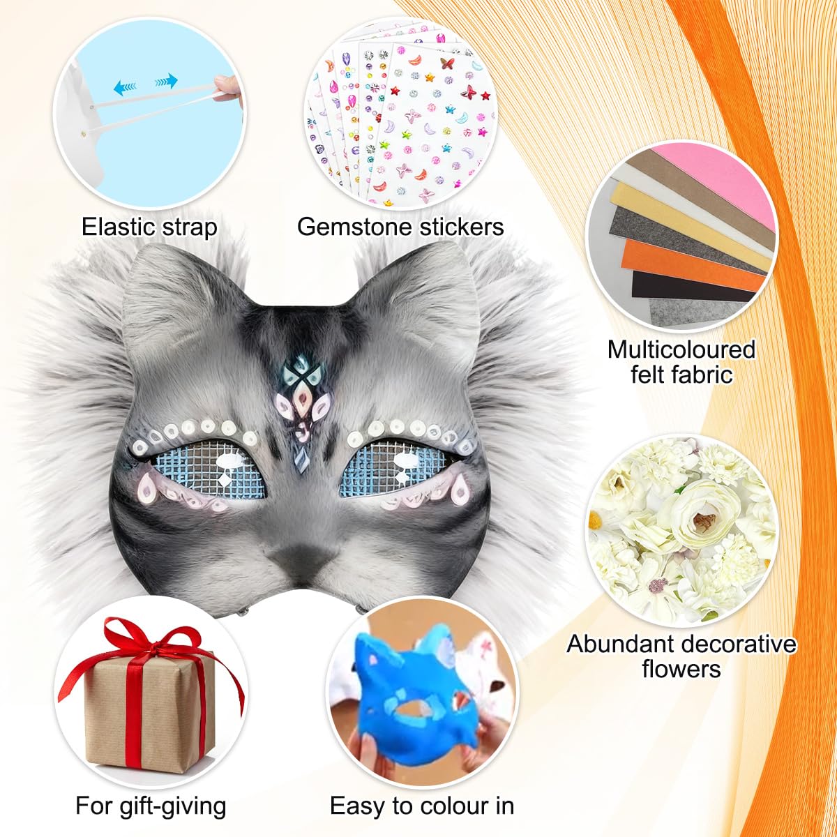 WAYNHUI Diy Therian Mask Kit Blank Cat Fox Mask Material- Gem Stickers for Therian Gear Stuff for Halloween, Cosplay, Masquerade, Party.