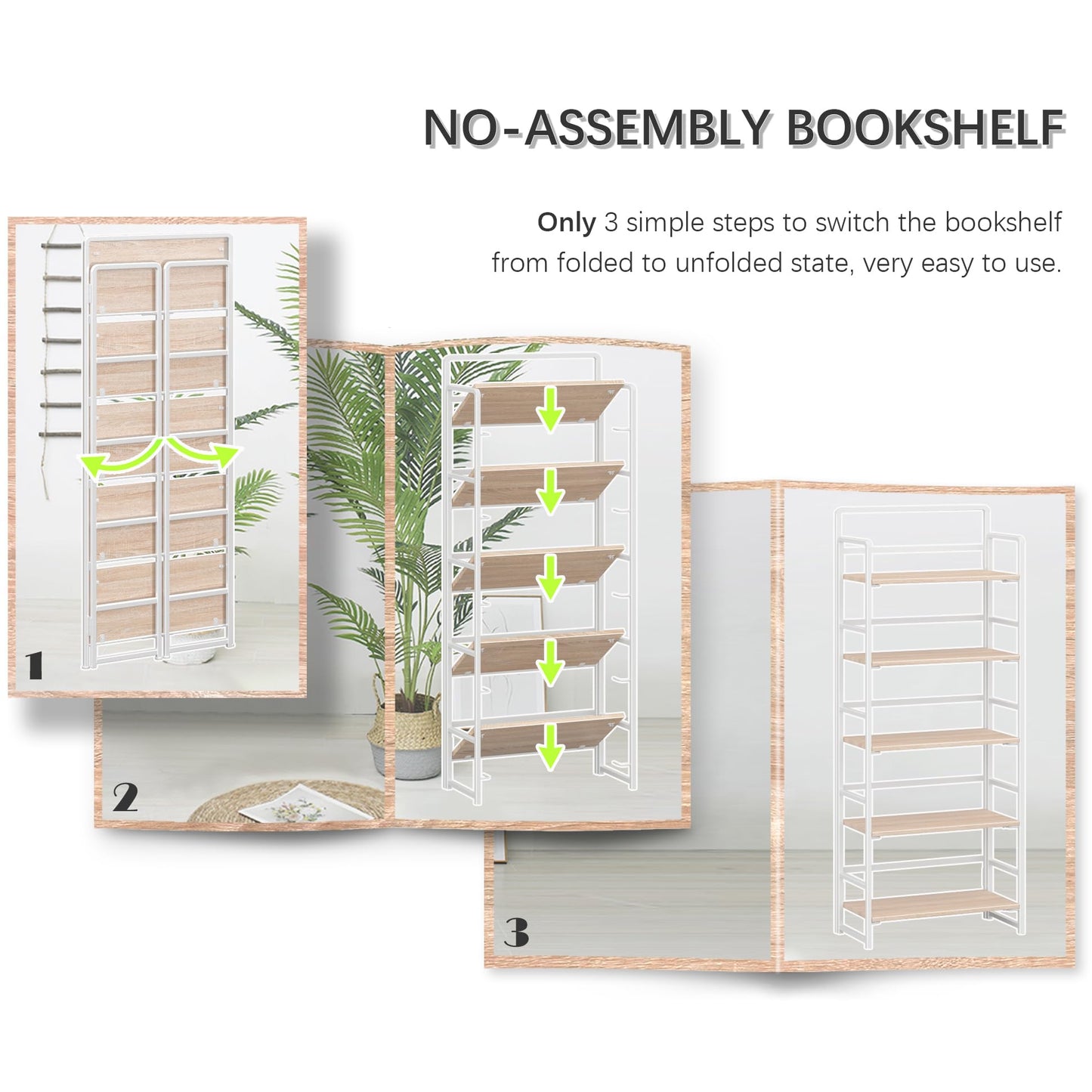 4NM No Assembly 5 Tiers Folding Bookshelf Storage Shelves Vintage Bookcase Standing Racks Study Organizer Home Office (Natural White)