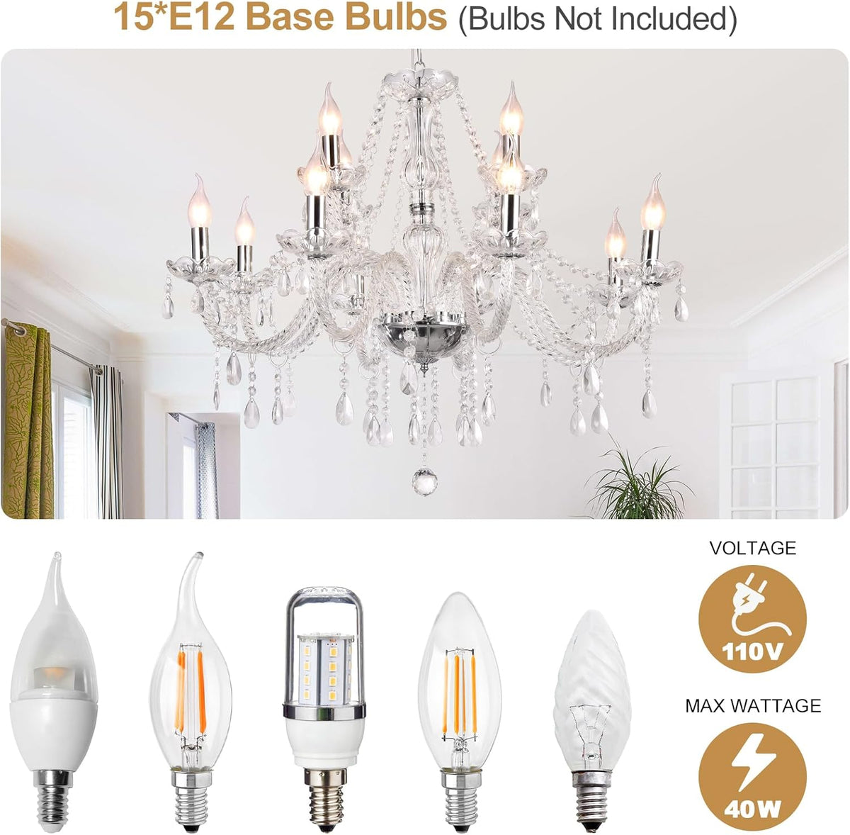 Modern Elegant 15 Lights K9 Crystal Glass Chandelier Pendant Ceiling Lighting European Style for Dining Living Room Bedroom Transparent,15 E12 Bulbs Required