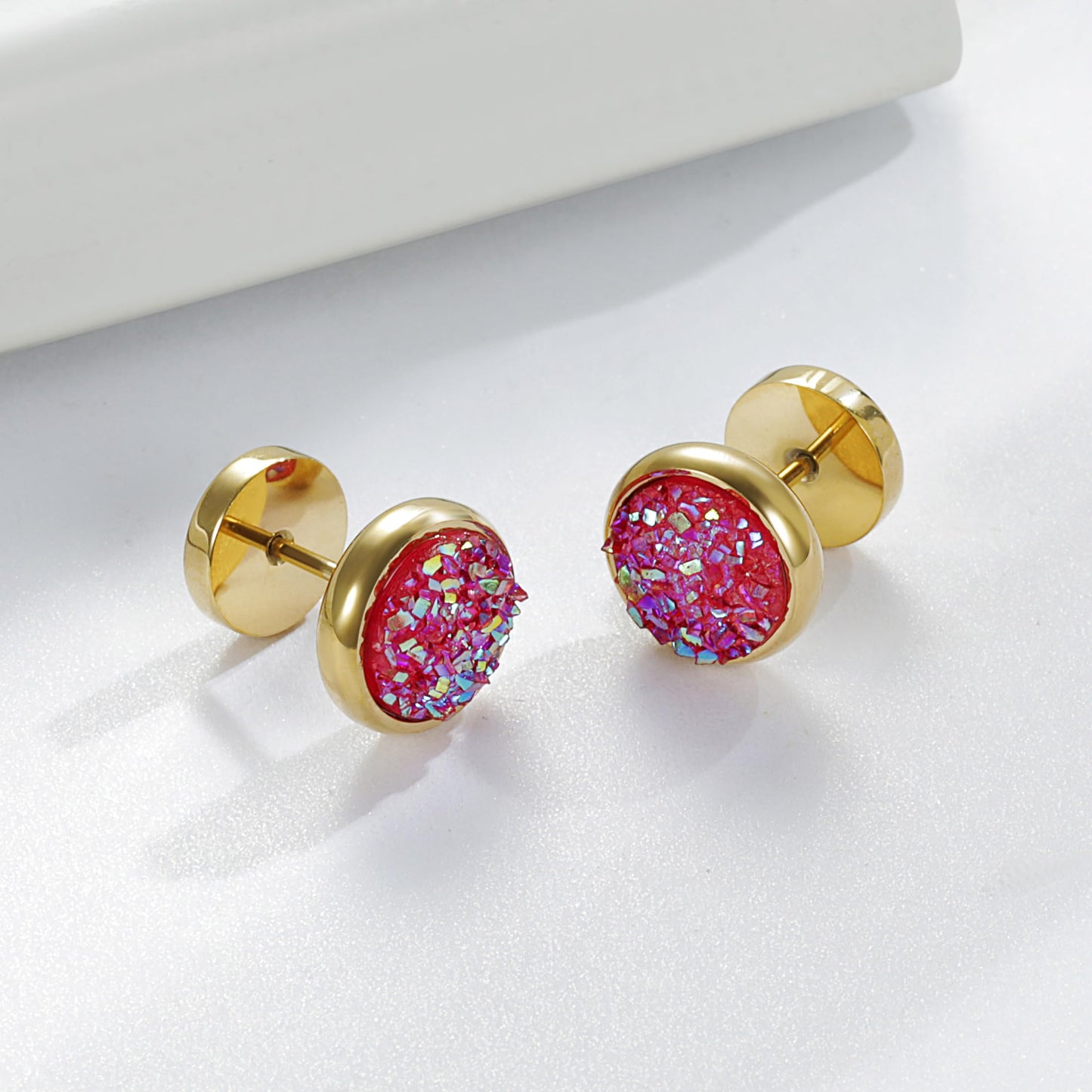 Women Men Flat Back Stud Earrings Non-Nickel Crystal Stone Earrings Titanium Stainless Steel Hypoallergenic Cartilage Earrings Stud for Sensitive Ears(Pink-gold)