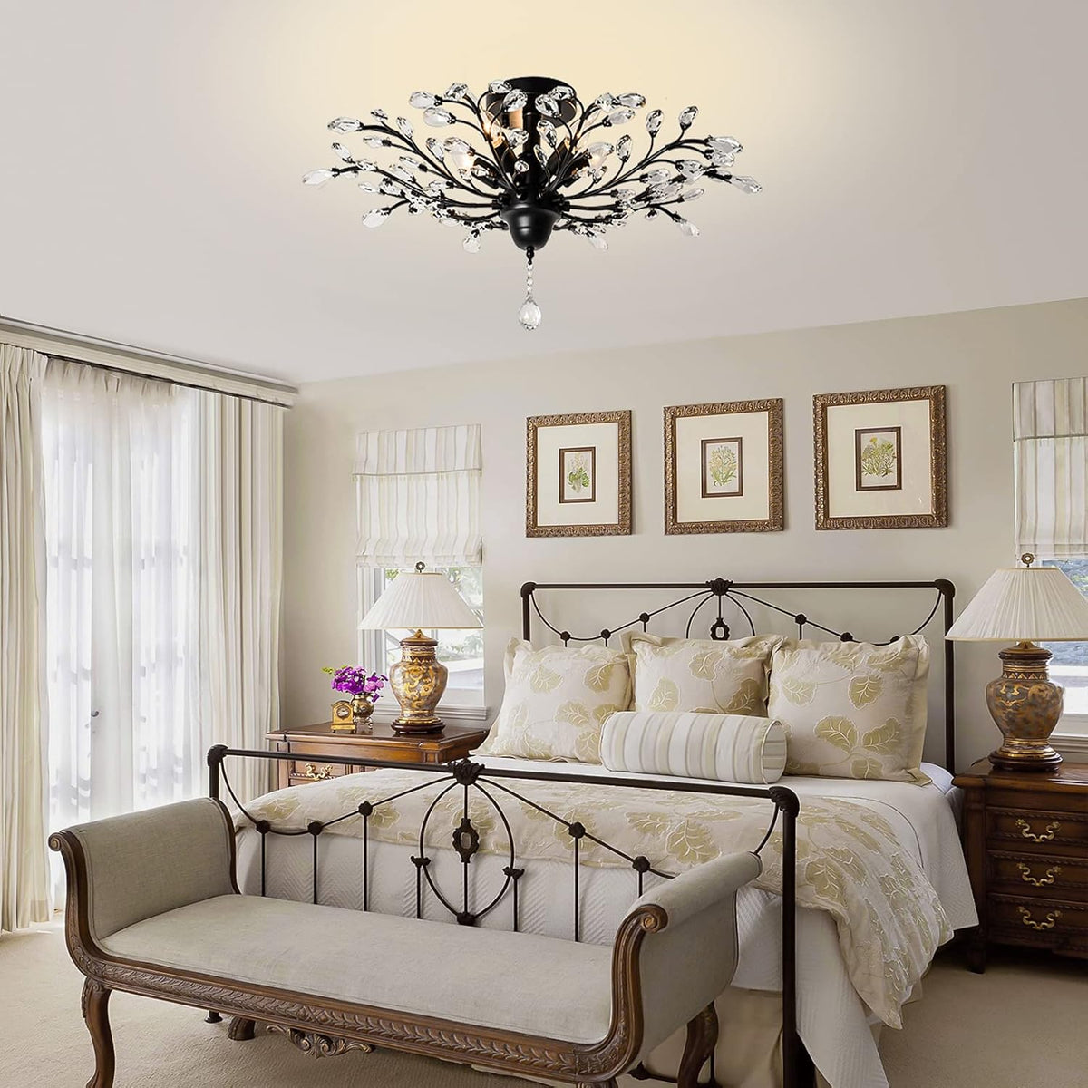 Ganeed Crystal Ceiling Light,Vintage Chandelier, Modern Elegant K9 Crystal Glass Chandelier Flush Mount Ceiling Lighting Fixture for Living Room Bedroom Restaurant Porch- Matte Black - 5 Lights