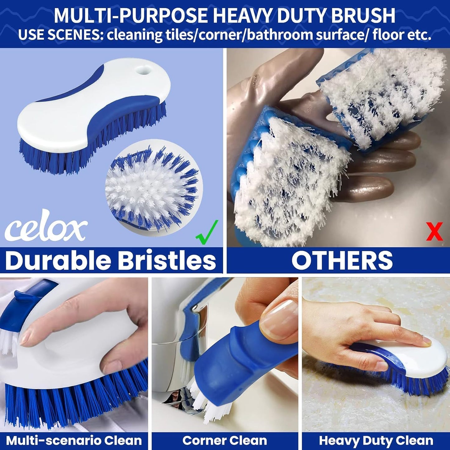 CELOX Kitchen Scrub Brush Set with Ergonomic Handle, Deep Cleaning Brushes, Include Dish Brush (Blue White)