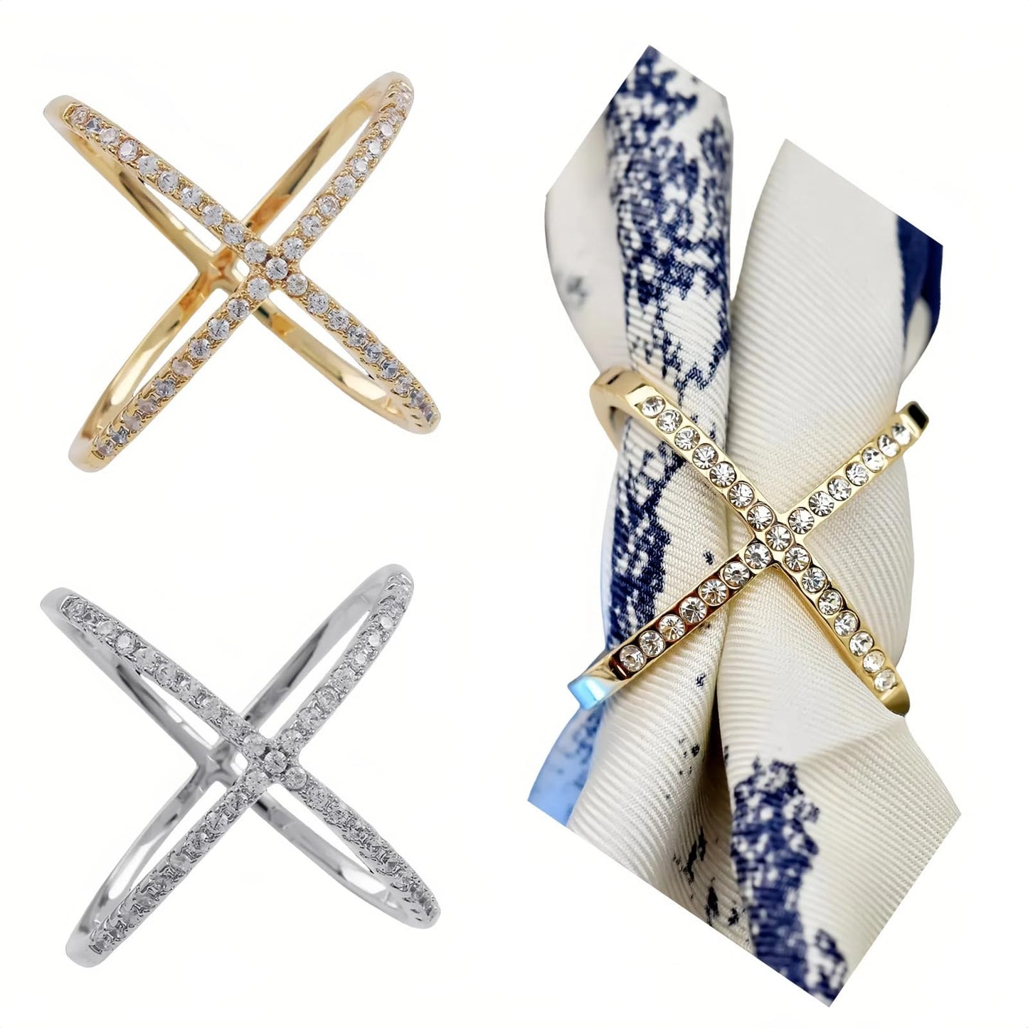 SYWDUDUCLT Crystal X-Shape Scarf Ring, Gold and Silver, Scarf Rings and Slides for Scarves, 2 Pack