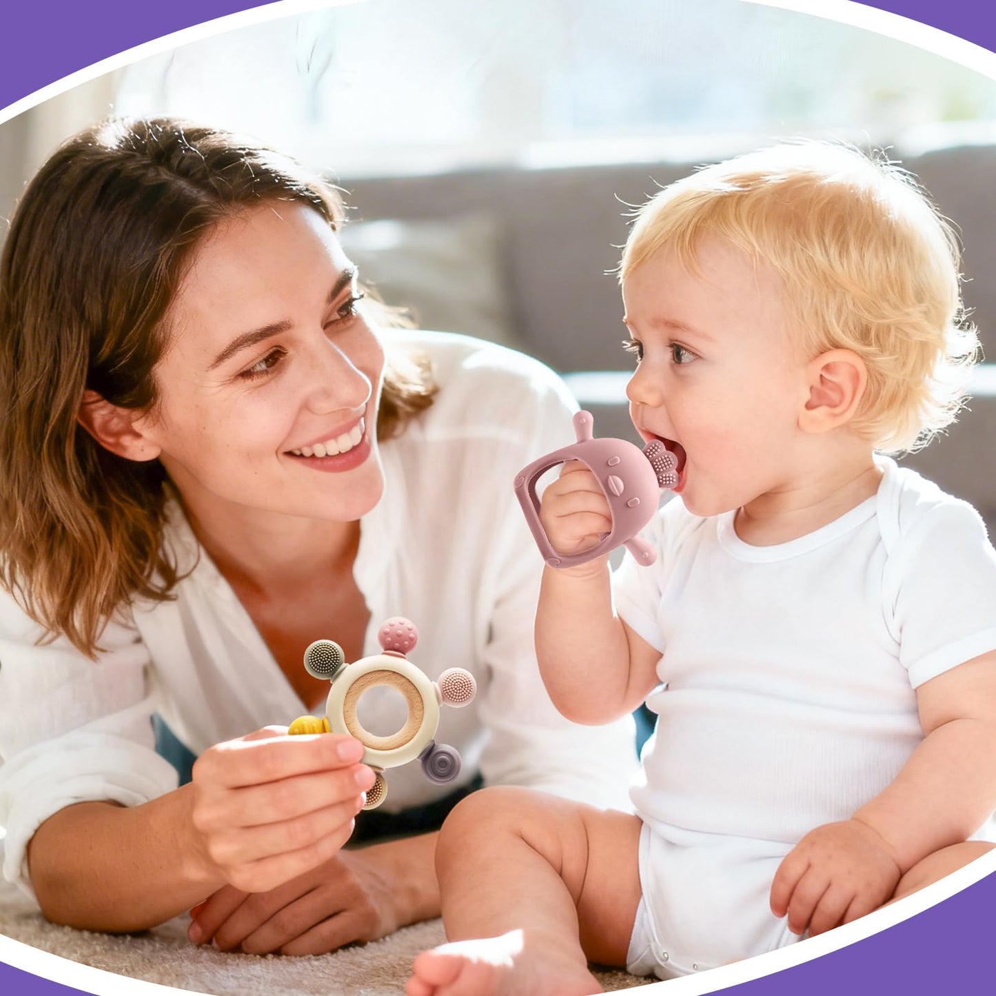 Easter 2 Pack Baby Teething Toys for 3-6 6-12 Months, BPA Free Silicone Teething Mitten & Teething Ring, Baby Teether Sensory Chewing Toys for Teething Relief, Baby Easter Basket Stuffers