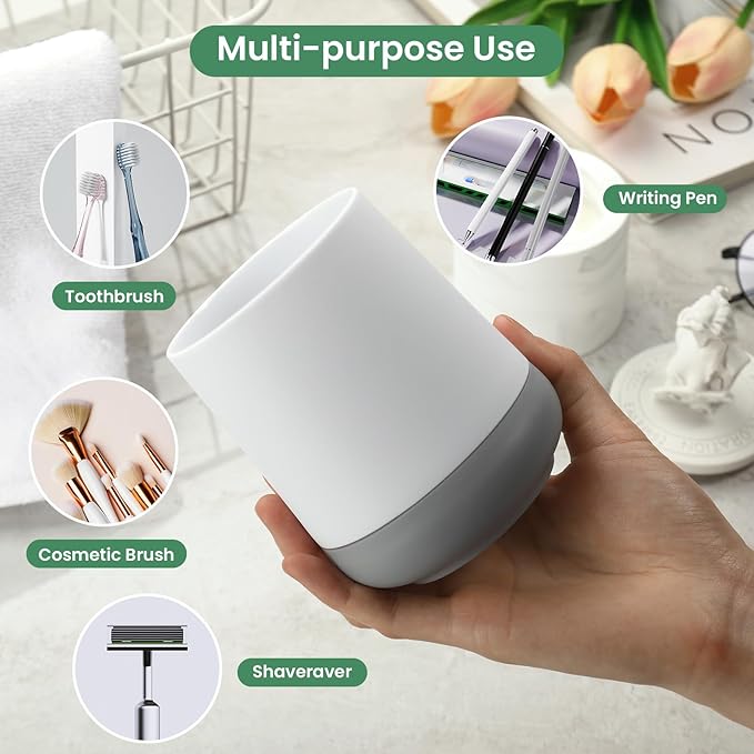 White Toothbrush Holders for bathrooms with Silicon Boot, Modern Tooth Brushing and Toothpaste Holder Cup for Bathroom Organizer (White)