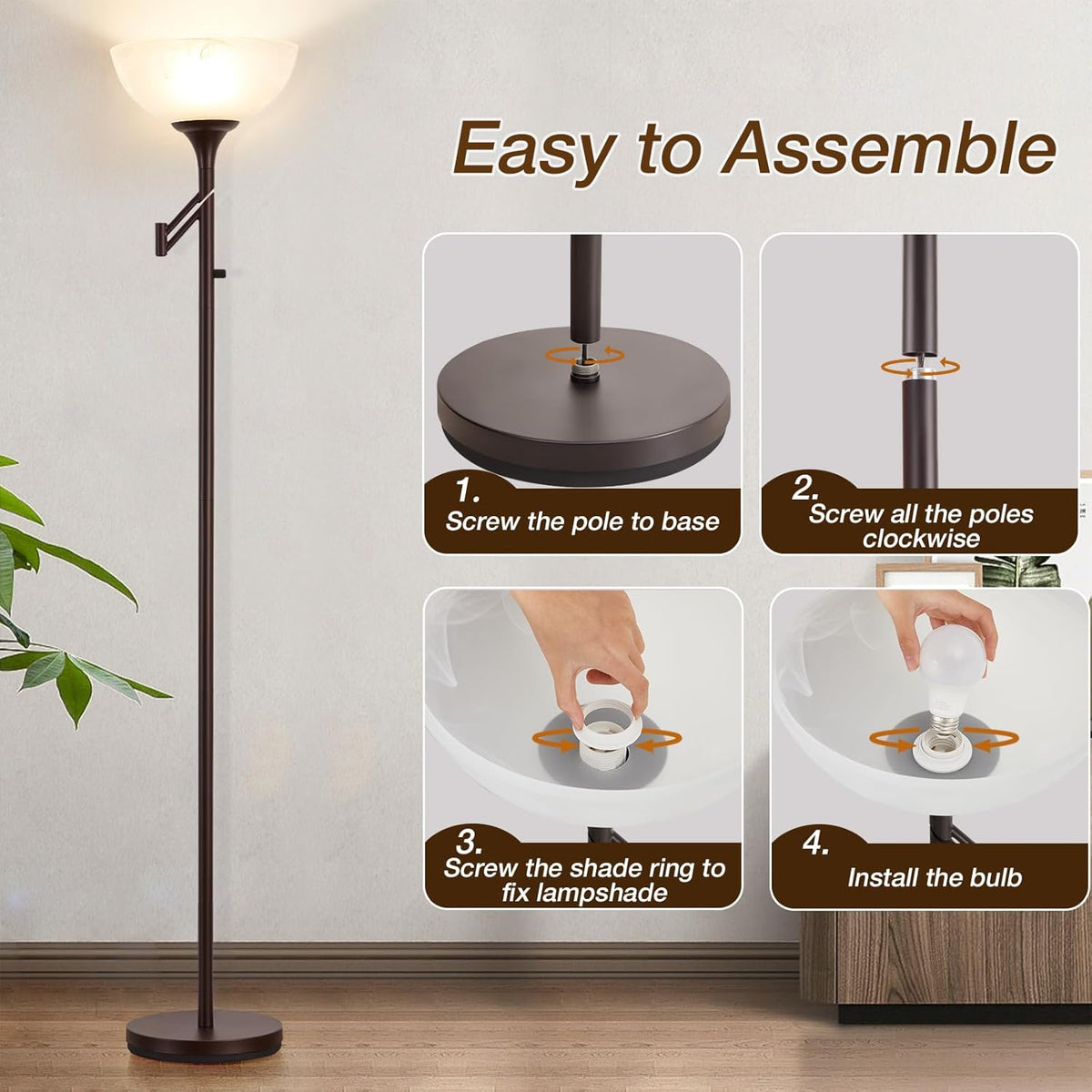 Floor Lamps for Living Room Bronze, 71" Tall Standing Lamp with Glass Shade, Vintage Floor Lamp with 350°Adjustable Swing Arm Lamp, Pole lamp for Bedroom, Living Room, Office, Bulbs Included