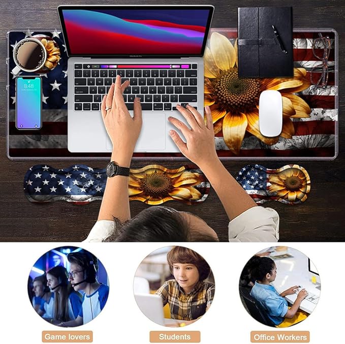 Ergonomic Keyboard Wrist Rest & Mouse Pad Wrist Rest Set, Large XXL Gaming Desk Mat 31.5"x 11.8" with Memory Foam, Easy Typing Pain Relief for Office & Home, American Flag Sunflower
