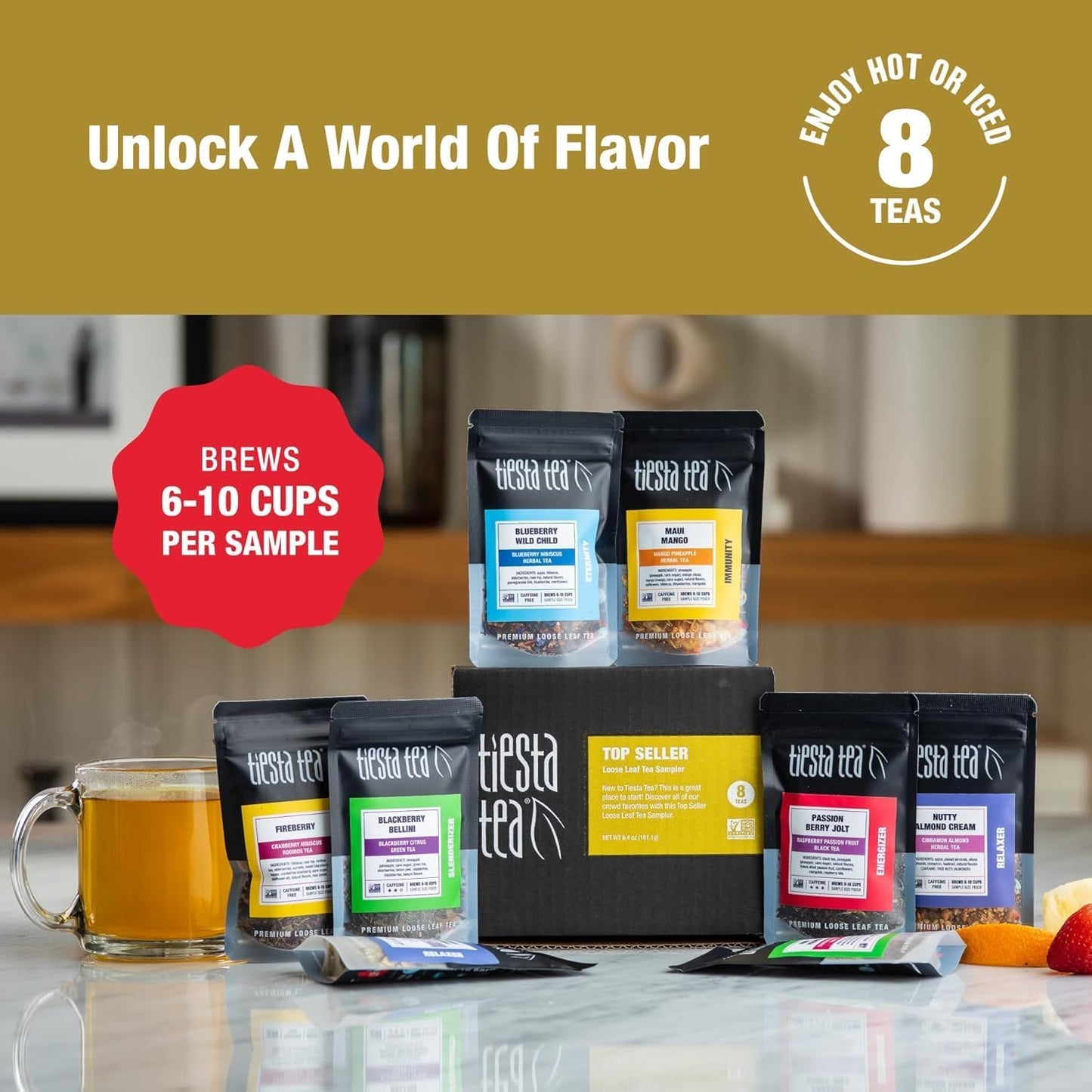 Tiesta Tea - Top 8 Favorites Sampler Set, Loose Leaf, Up to 80 Cups, High to No Caffeine, Hot & Iced, Tea Variety Pack with Green, Herbal, & Black, 8 Sample Pouches