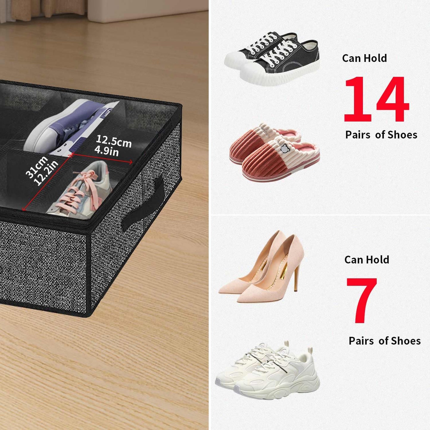 Onlyeasy 2 Pack Under Bed Shoes Storage Bag Organizer (14+4 Pairs), Collapsible Shoe Boot Container with Handles, Underbed Storage Solution for Kids & Adults, 86x60x15cm, Linen-like Black, MXAUBS14S4