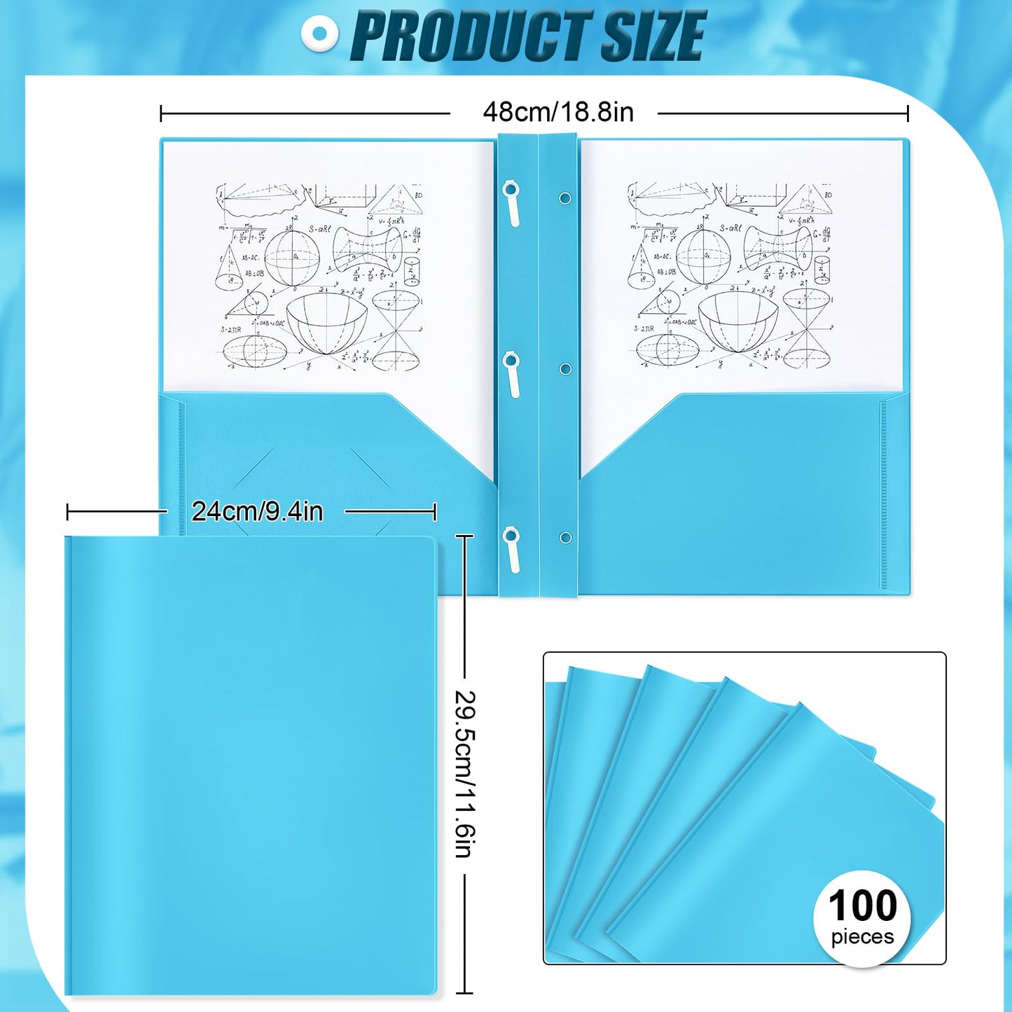 Lincia 100 Pcs Plastic Folders with Pockets and Prong Folders with Prongs 2 Pockets for Office, School for Students, Teachers, Office Workers(Light Blue)