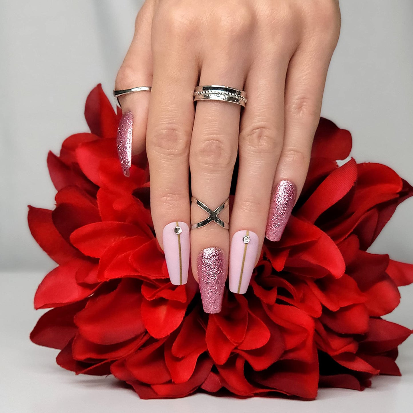 Hypnaughty 24 Pcs Pink Fantasy Matte and Glitter Design with Rhinestones Luxury Coffin Press on Nails with Glue Medium Long Reusable False Nails (Pink Fantasy)