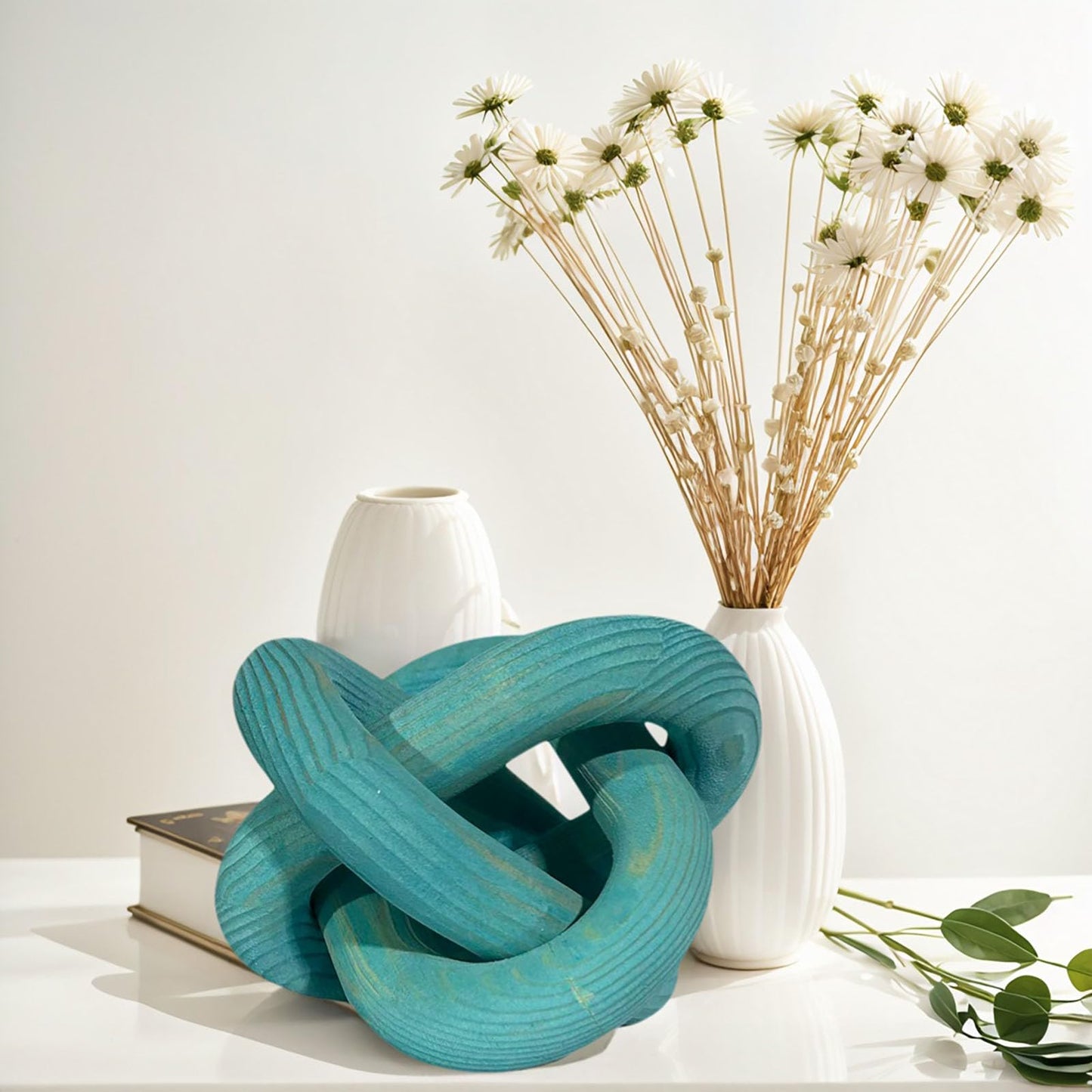 GUDAGUU Wood Knot Decor -Coffee Table Decor Shelf Decor Table Books Hand Carved Home Decoration Boho Country Rustic Modern Shabby Chic Style 3 Link Wooden Knot Chain Link Decor (Blue)