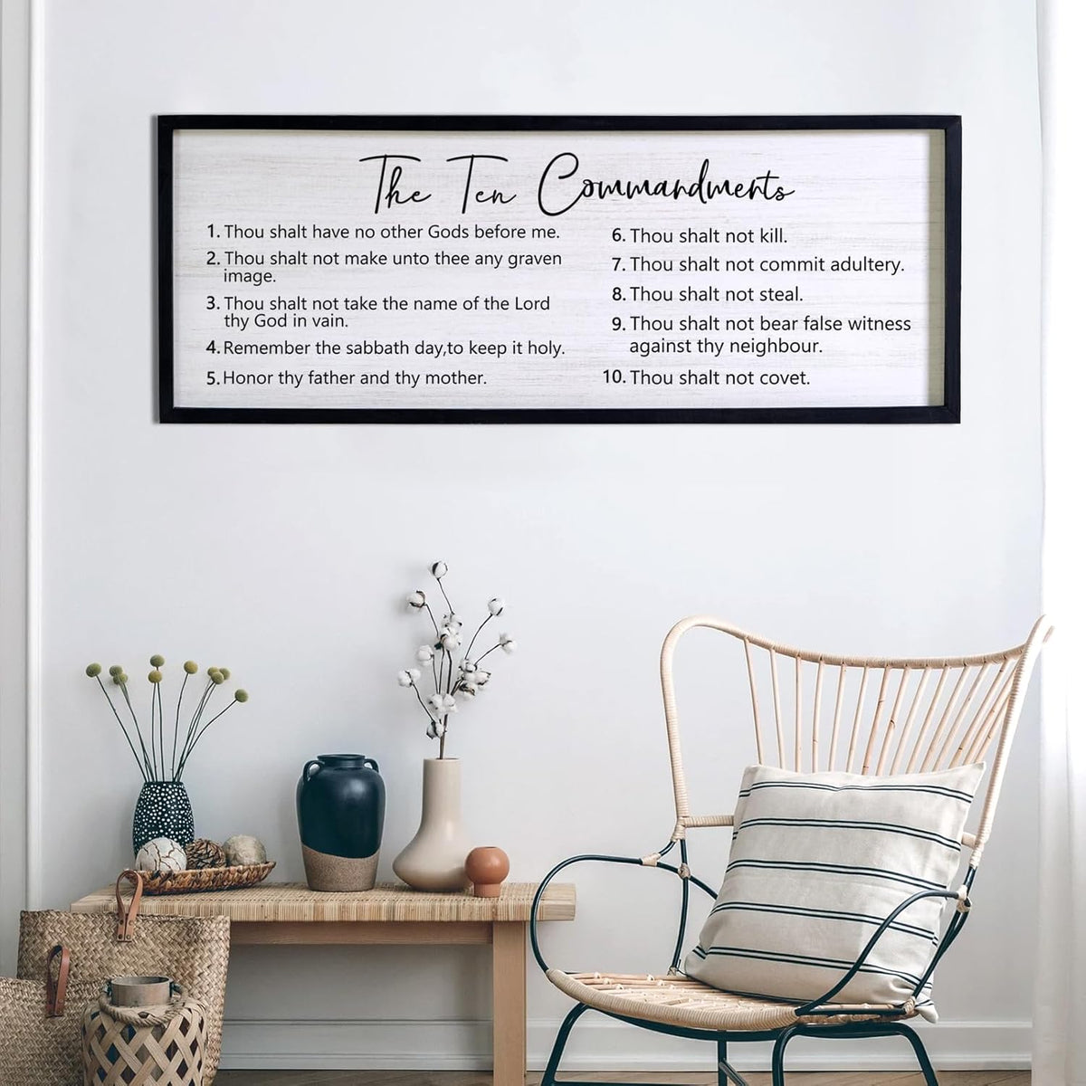The Ten Commandments Rustic Bible Verse Framed Wall Art, 40''×15'' Positive Religious Christian Saying Sign for God Jesus Christ Prayer, Vintage Horizontal Holy Inspirational Catholic Scripture Decor