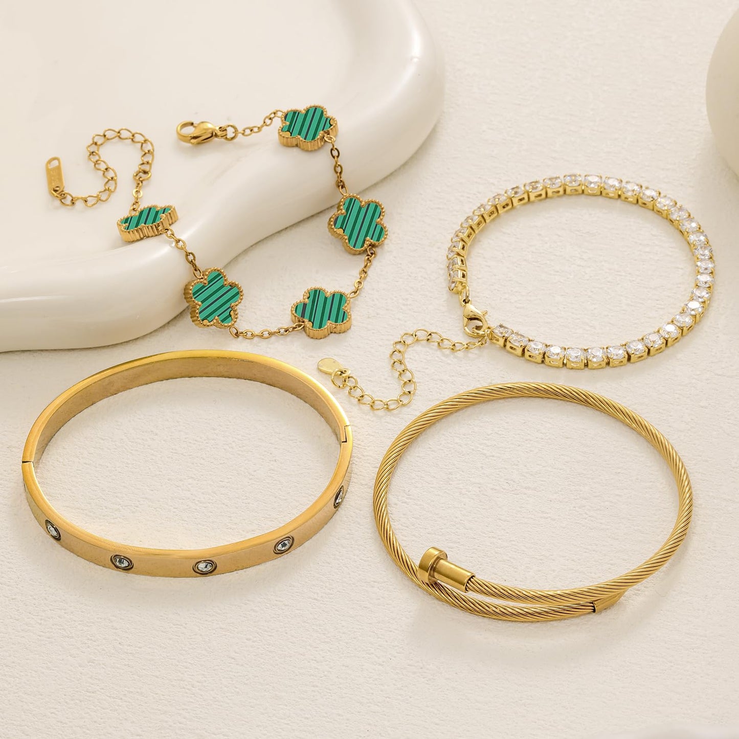 MEIERYA 18K Gold Plated Womens Stackable Floral Bracelets Set,Twisted Cable Bangle,Trendy Jewelry,Waterproof adjustable bracelet,Christmas Birthday Gifts for Girlfriend or Mother. (03-Color-green)