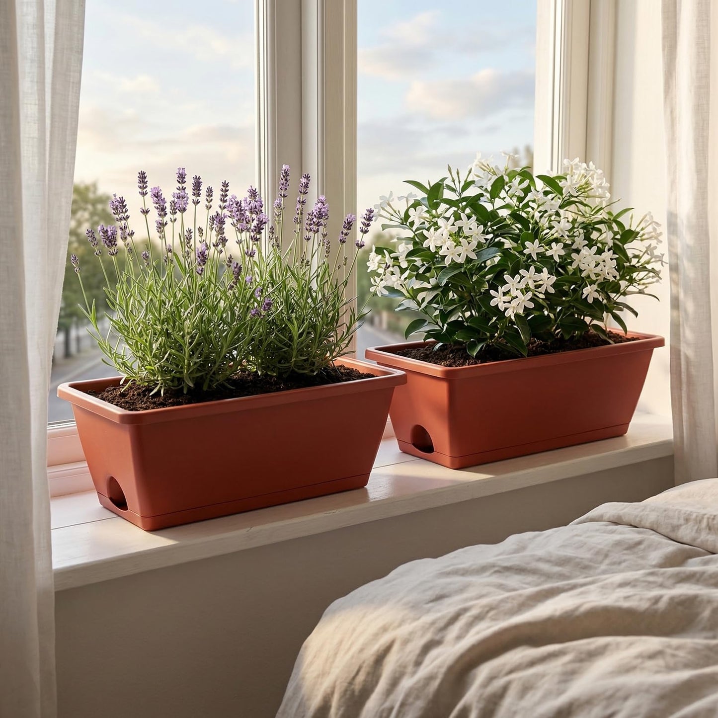 Yokodaza Red Window Box Planters, 7 Pack Rectangular Plastic Flower Planters Boxes with Saucers, 17 Inches Vegetable Planting Pots for Indoor Outdoor Garden, Patio, Windowsill, Home Decor