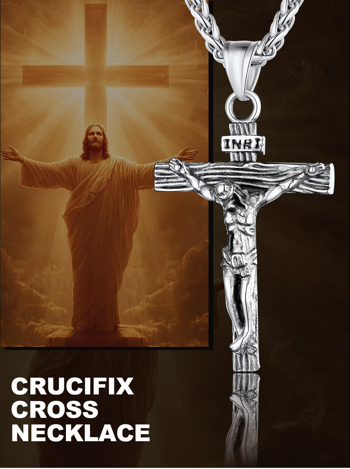 U7 Crucifix Cross Necklace Stainless Steel Crucifix Necklace Cross Pendant for Men with Rope Chain 24"(Silver)