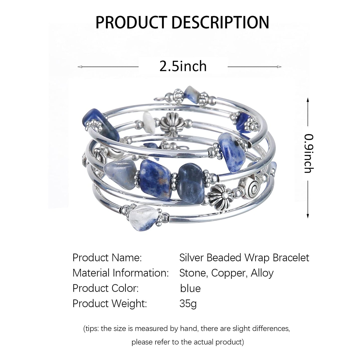 FULU AUTUMN Stone Silver Bangle Wrap Bracelet Boho Turquoise Crystal Chips Bead Bracelets Fashion Jewelry Birthday Gifts for Women(19-Blue)