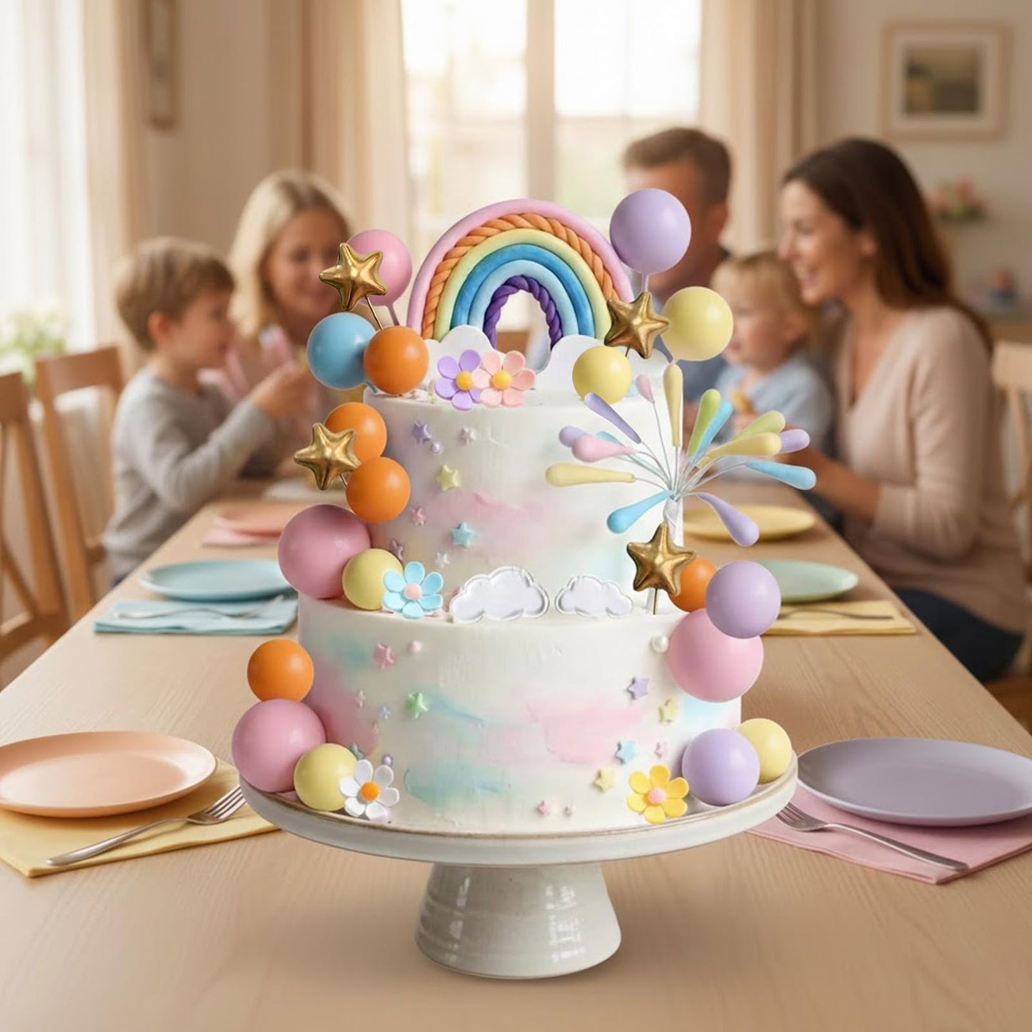 Rainbow Cake Topper 39pcs Rainbow Cake Decorations with Pastel Balls Topper Daisy Flower Cupcake Decroation,Boho Party Decorations for Groovy Hippie Birthday Wedding Baby Shower Cupcake Decorations