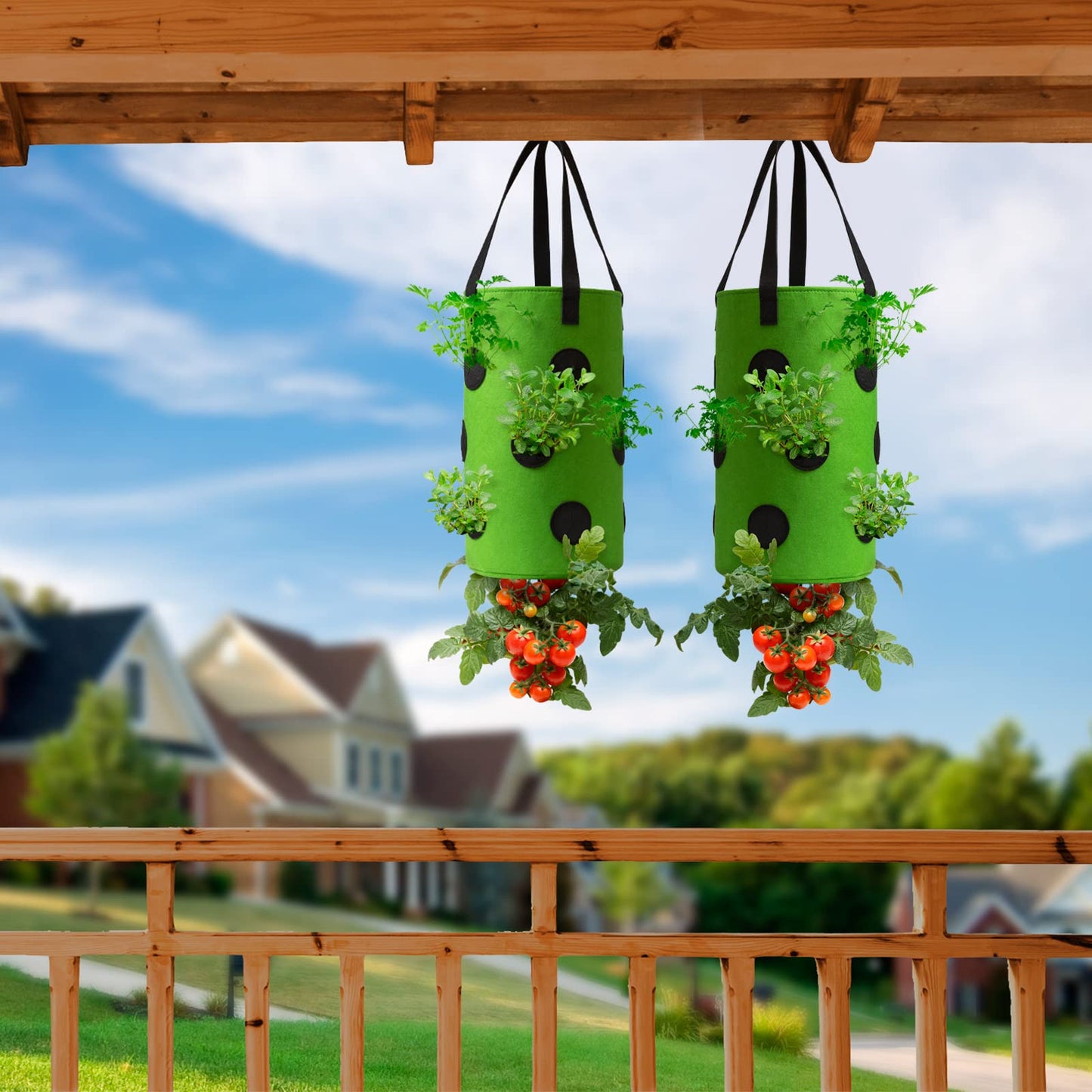 Homyhoo 2 Pack Green Upside Down Tomato & Herb Planter, Outdoor Hanging Durable Aeration Fabric Strawberry Planter Bags