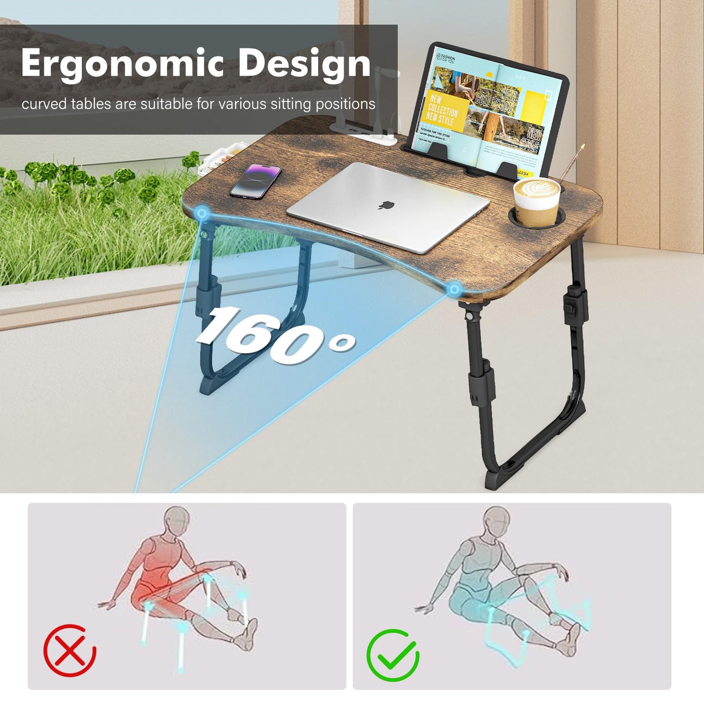 Lap Desk for Bed Adjustable Height, Foldable Bed Table with Storage Drawer, Tablet Slot & Cup Holder, Portable Laptop Stand for Bed & Sofa, Bed Desk for Adults & Kids, Carbonized
