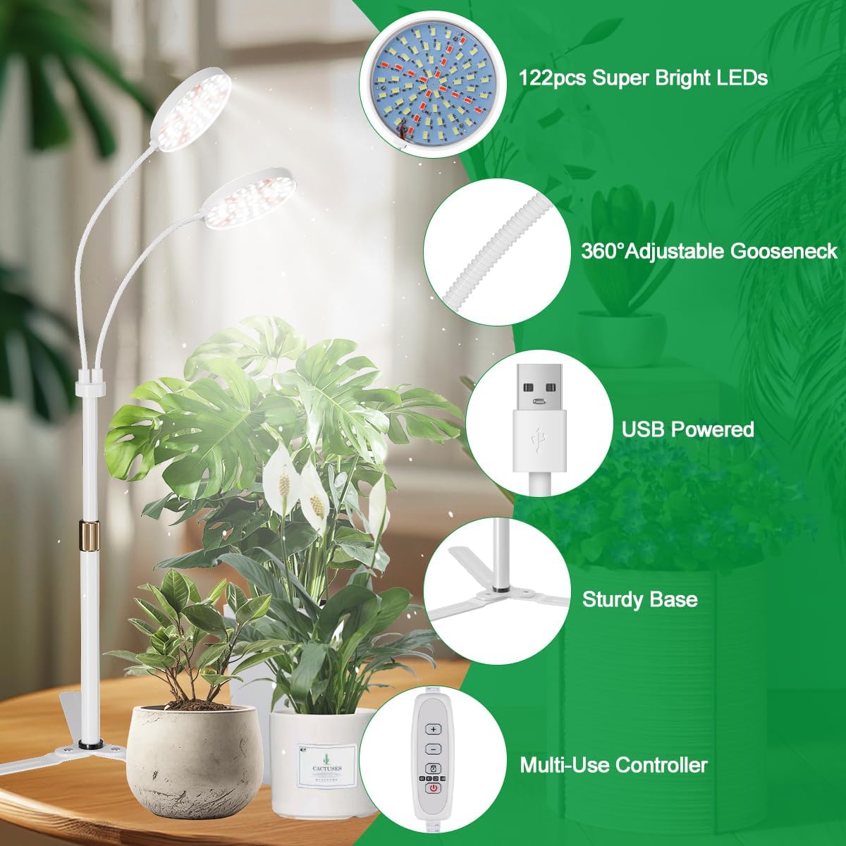 GYTF Grow Light Dual Ring 3.5" with Base, 122 LEDs 6000K White Full Spectrum Gooseneck Plant Lamp for Indoor Desk Plants, Dimmable & Height Adjustable 9-16", Timer 4/8/12/18Hrs