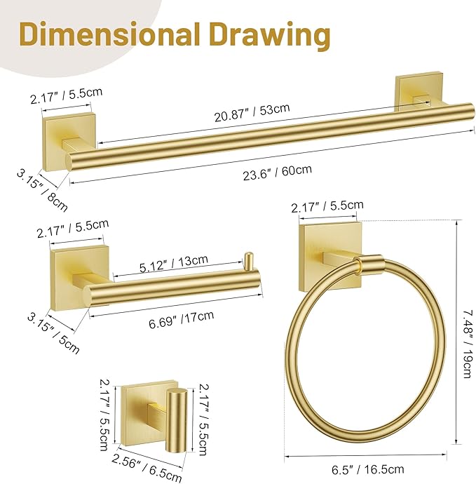 5 Pieces Bathroom Hardware Set Brushed Gold Towel Bar Set Includes 23.6” Towel Bar, Towel Ring Holder, Toilet Paper Holder and Two Towel Hooks, Bathroom Accessories Set SUS304 Wall Mounted