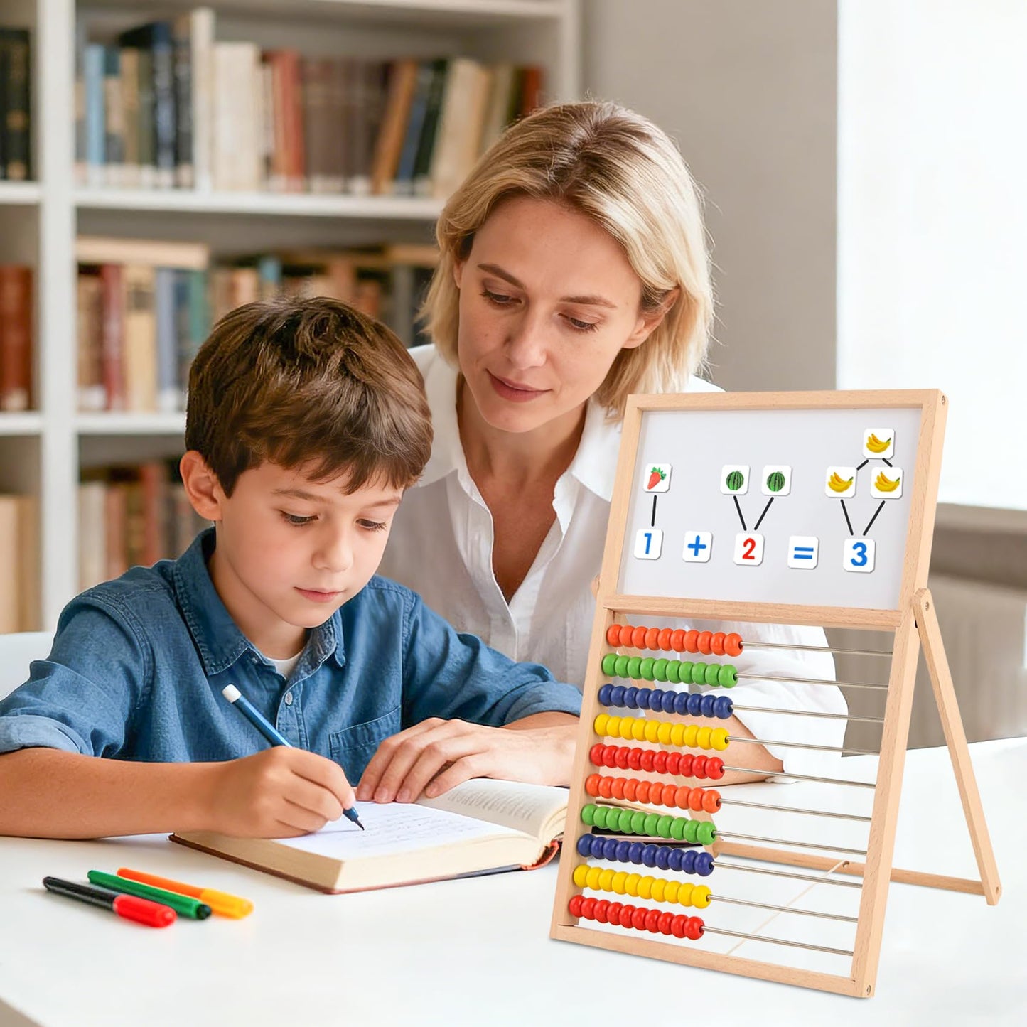 Ranqibo Wooden Abacus for Kids Math - Double-Sided Blackboard Whiteboard Magnetic Abacus with 100 Magnetic Number & Fruit Stickers - Educational Counting Games Kids Gift