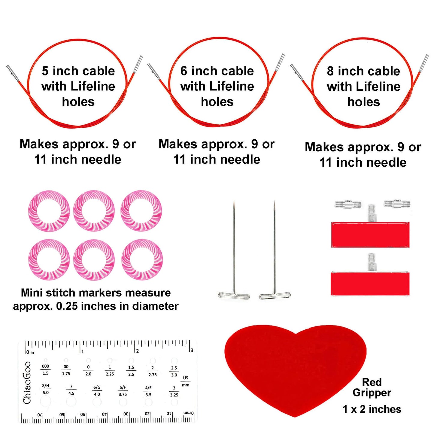 ChiaoGoo Twist Red Lace Shorties 2 & 3-Inch Small Red 7230-M Interchangeable Knitting Needle Set, 12-Pair Sizes US 0, 1, 1.5, 2, 2.5, 3, Stainless Steel, 3 Cords with 1 Project Bag