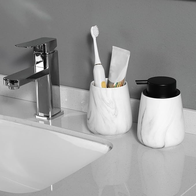 Marble White Toothbrush Holder for Bathroom - Ceramic Tooth Brushing Holders, Toothbrush Cup, Toothpaste Organizer for Bathroom Countertop, Makeup Brush Holder, Pen Holder for Home Desktop Storage