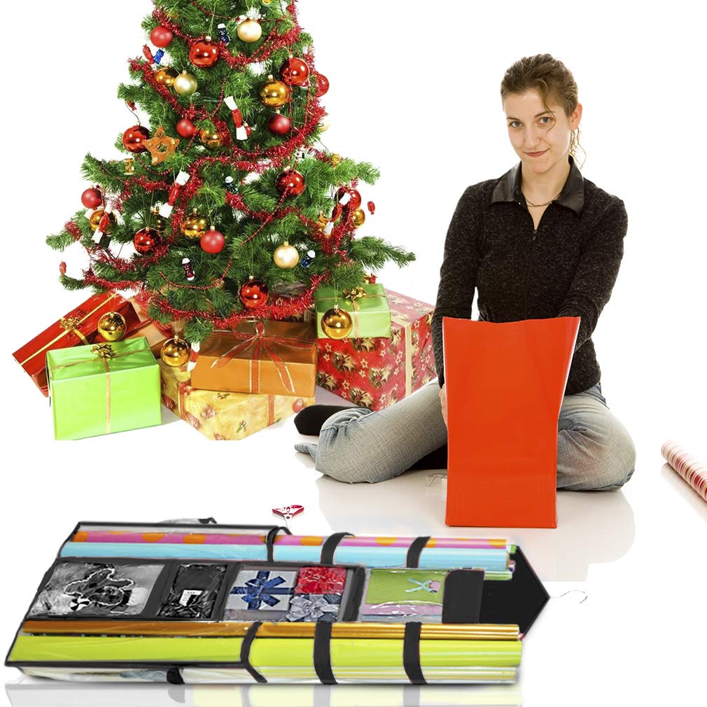 ProPik Hanging Double-Sided Gift Wrap Organizer, Wrapping Paper Storage with Multiple Front and Back Pockets, Organize Your Gift Bags Bows Ribbons 40”X17" Fits 40 Inch Rolls (Black seam)