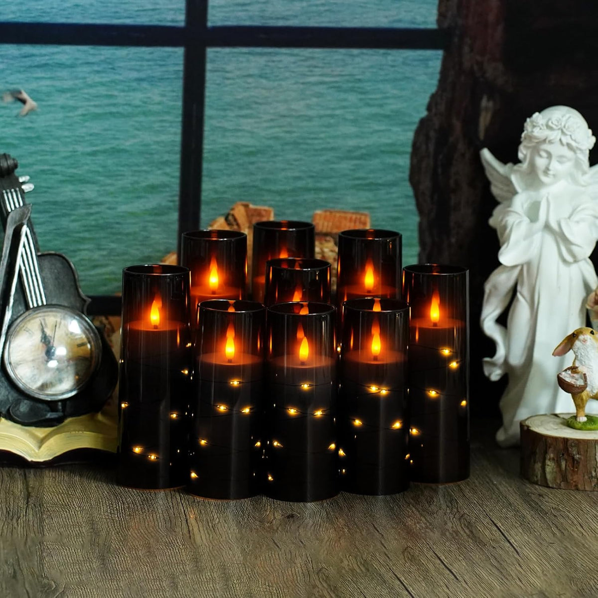 Flickering Flameless LED Candles, 9 Pcs with Embedded Star String, Acrylic LED Pillar Candles with Remote, Suitable for Home Decoration (Black)