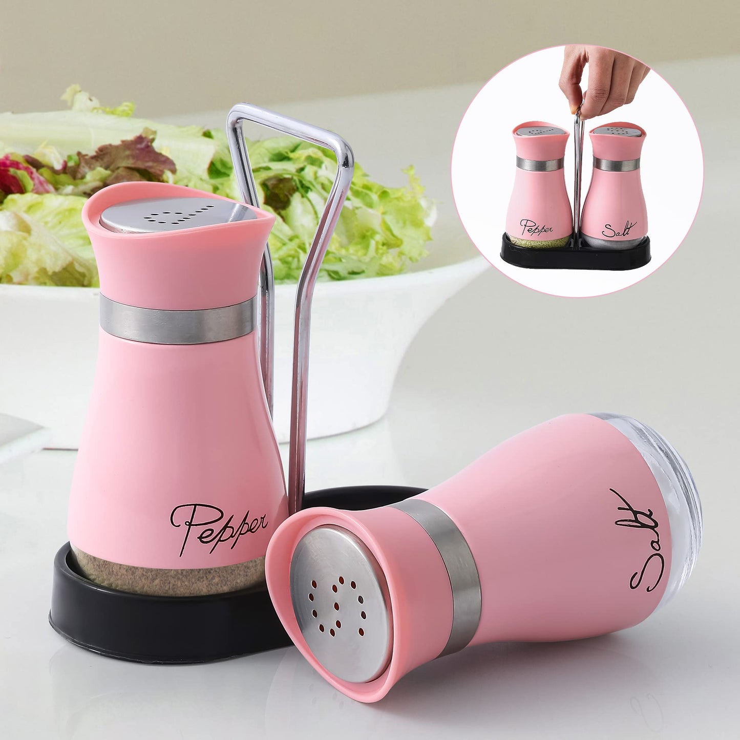 Salt and Pepper Shakers Set, Stainless Steel with Glass Bottle for Table, RV, Camp, BBQ, Set of 2, Pink