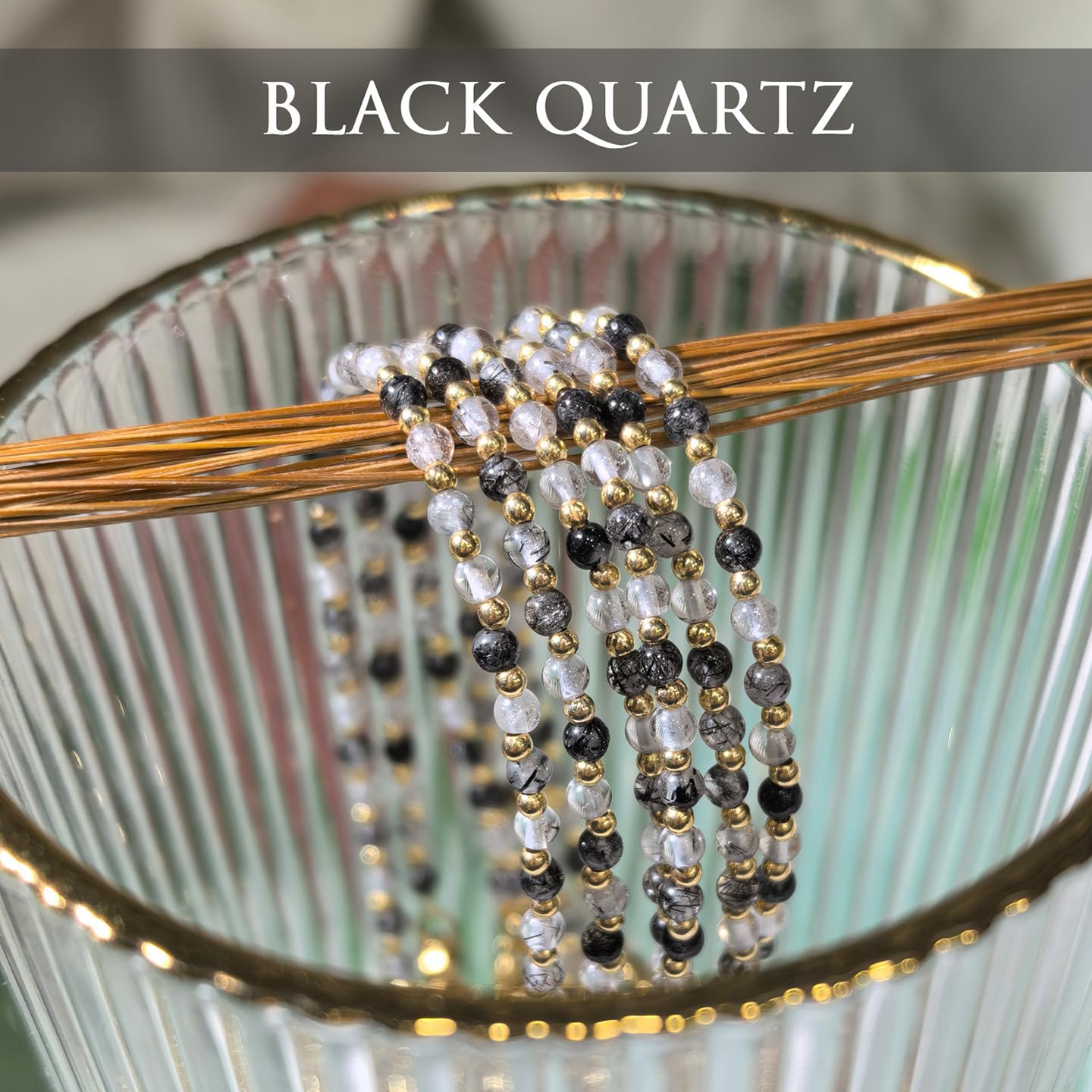 Morchic 3mm Black Rutilated Quartz Tiny Beads Bracelet for Women, Adjustable 7.1" Dainty Handmade Energy Gem Jewelry, Birthday Gift