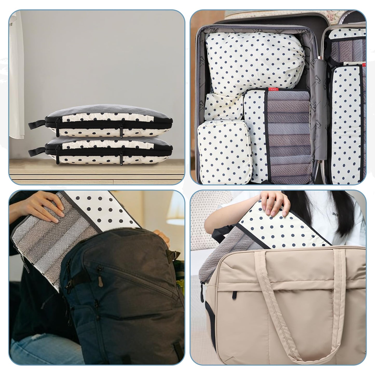 U+U 10 Set Compression Packing Cubes - Travel Organizers with Laundry Bag, Space-Saving Suitcase Organizer, Expandable Packing Organizers for Travel Essentials (Polka Dot)