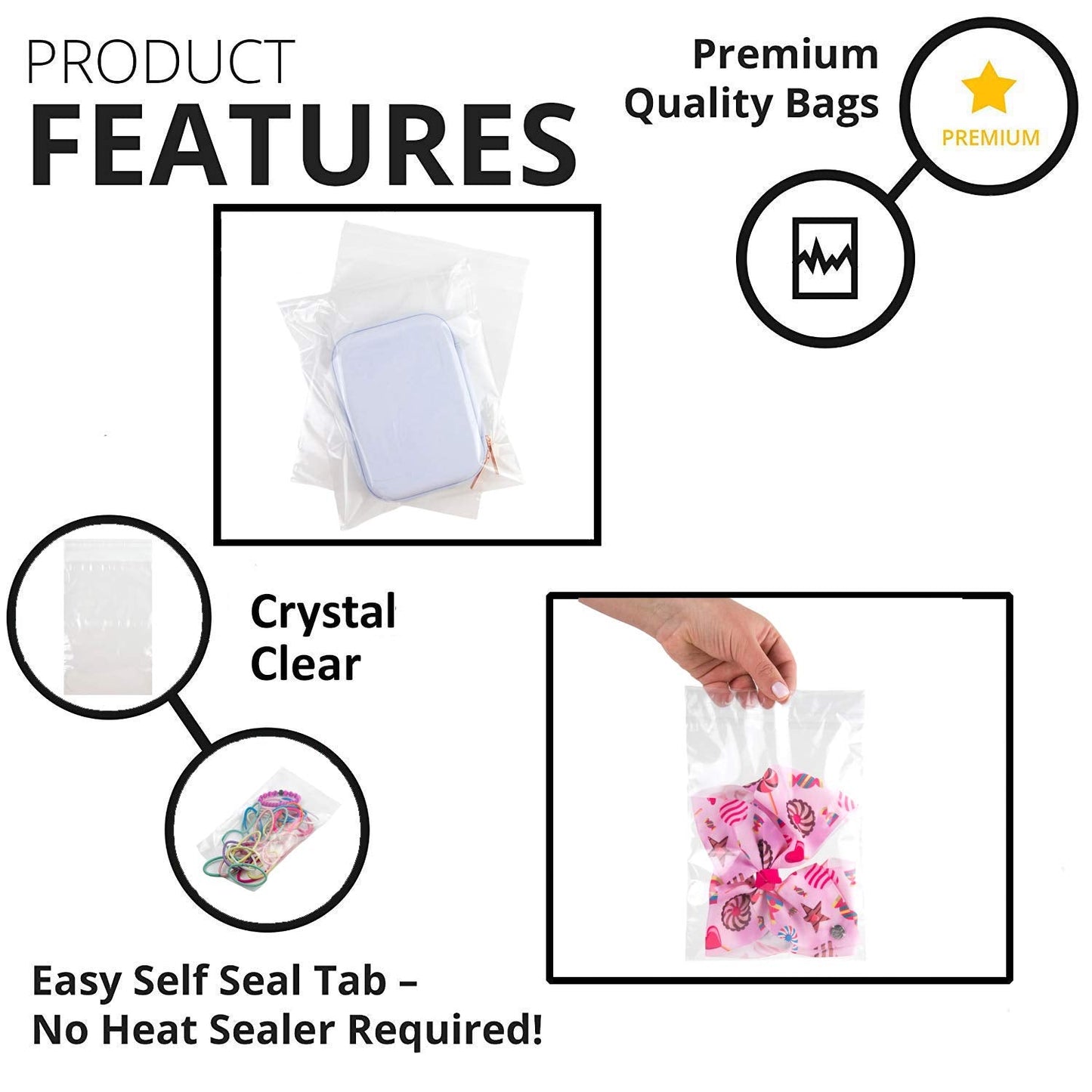 Clear Poly Bags Combo Pack - 400 Count (6x9", 8x10", 9x12", 11x14") - Extra Strong Self-Seal Plastic Packaging Bags for Shipping, Retail & Product Storage