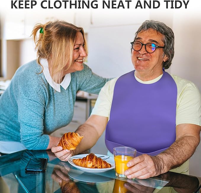 Adult Bibs for Men Women Adjustable Washable Silicone Adult Bibs for Elderly with Crumb Catcher (Purple)