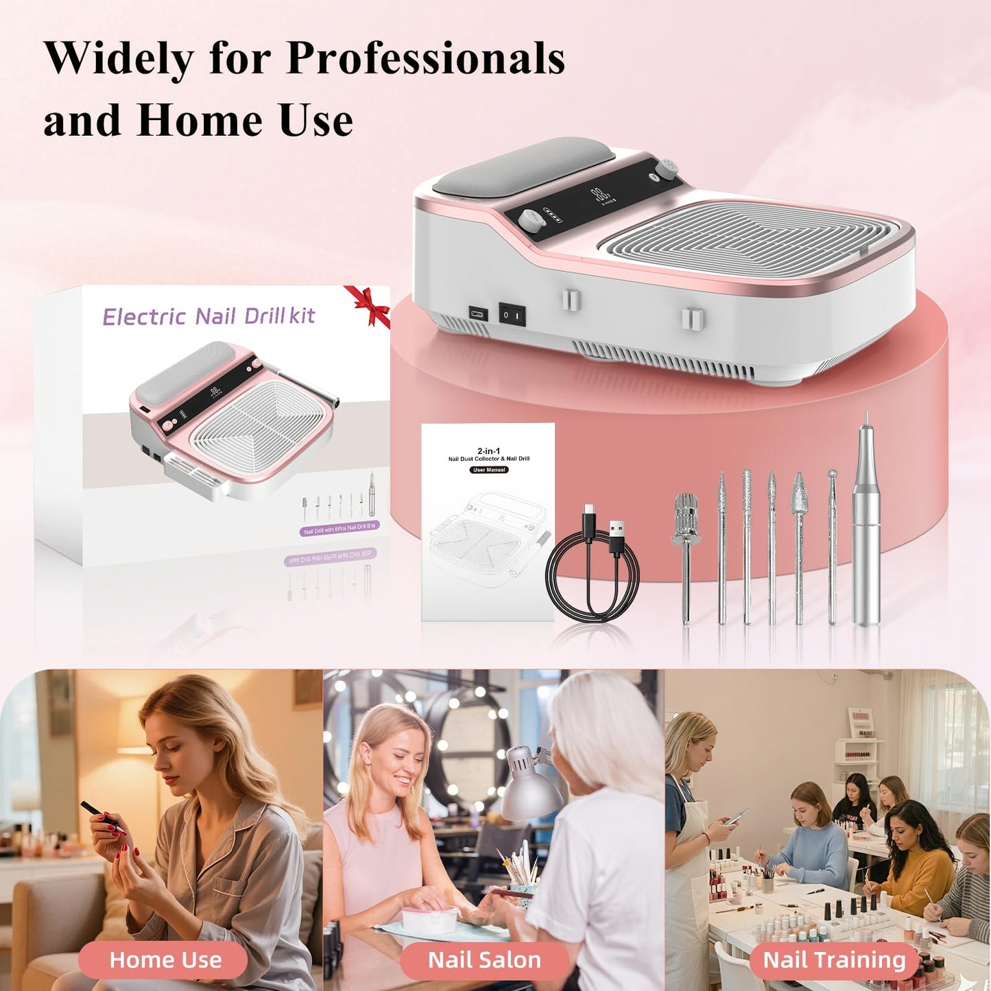 2-in-1 Nail Dust Collector & Electric Nail Drill File, Cordless Nail Machine with Stepless Speed Forward Reverse, 5 Suction Mode 4000RPM Dust Collector Nail Tech 6000mAh Rechargeable for Home Salon