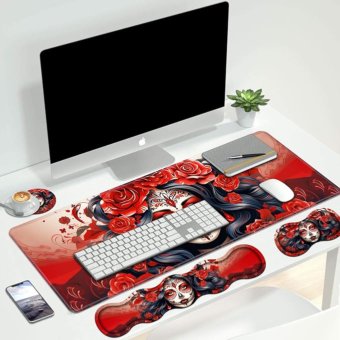 4 in 1 Ergonomic Keyboard Wrist Rest & Mouse Pad Wrist Rest Set, Large XXL Gaming Desk Mat 31.5"x 11.8" with Non-Slip Base, Memory Foam for Home Office Study Gaming, Sugar Skull Girl Roses