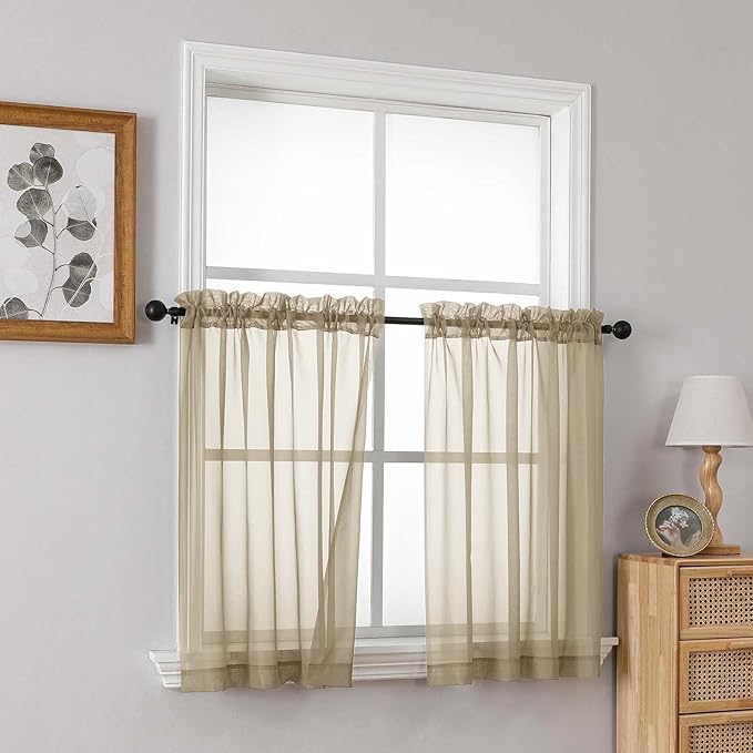 Taupe Small Sheer Curtains Tier 24 Inches Length 2 Pieces, Light Filtering Cafe Curtains Sheers for Living Room Bathroom, Modern Window Treatments Dual Rod Pocket Panels, 2X42Wx24L Inches