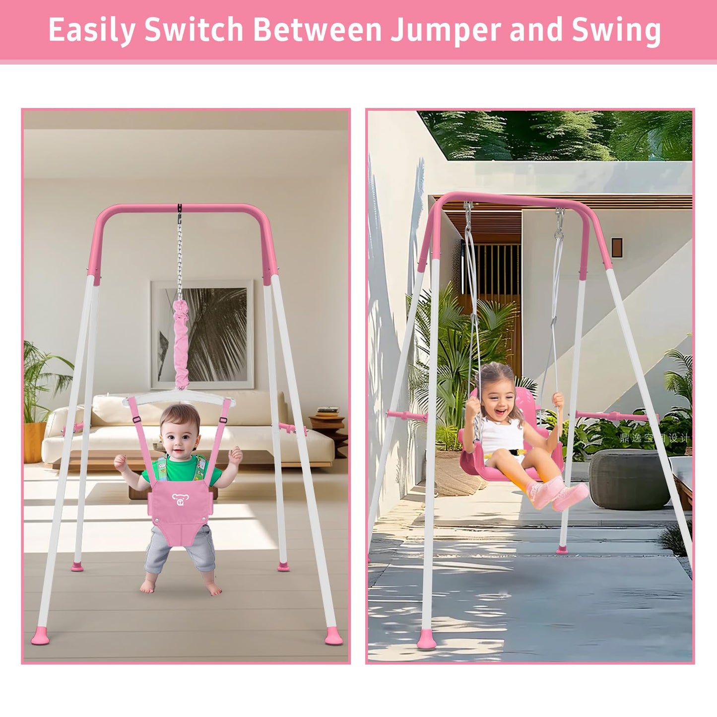 2 in 1 Toddler Swing & Baby Jumper, Foldable Baby Swing Outdoor & Indoor Use, Easily Installable and Storable (Pink)