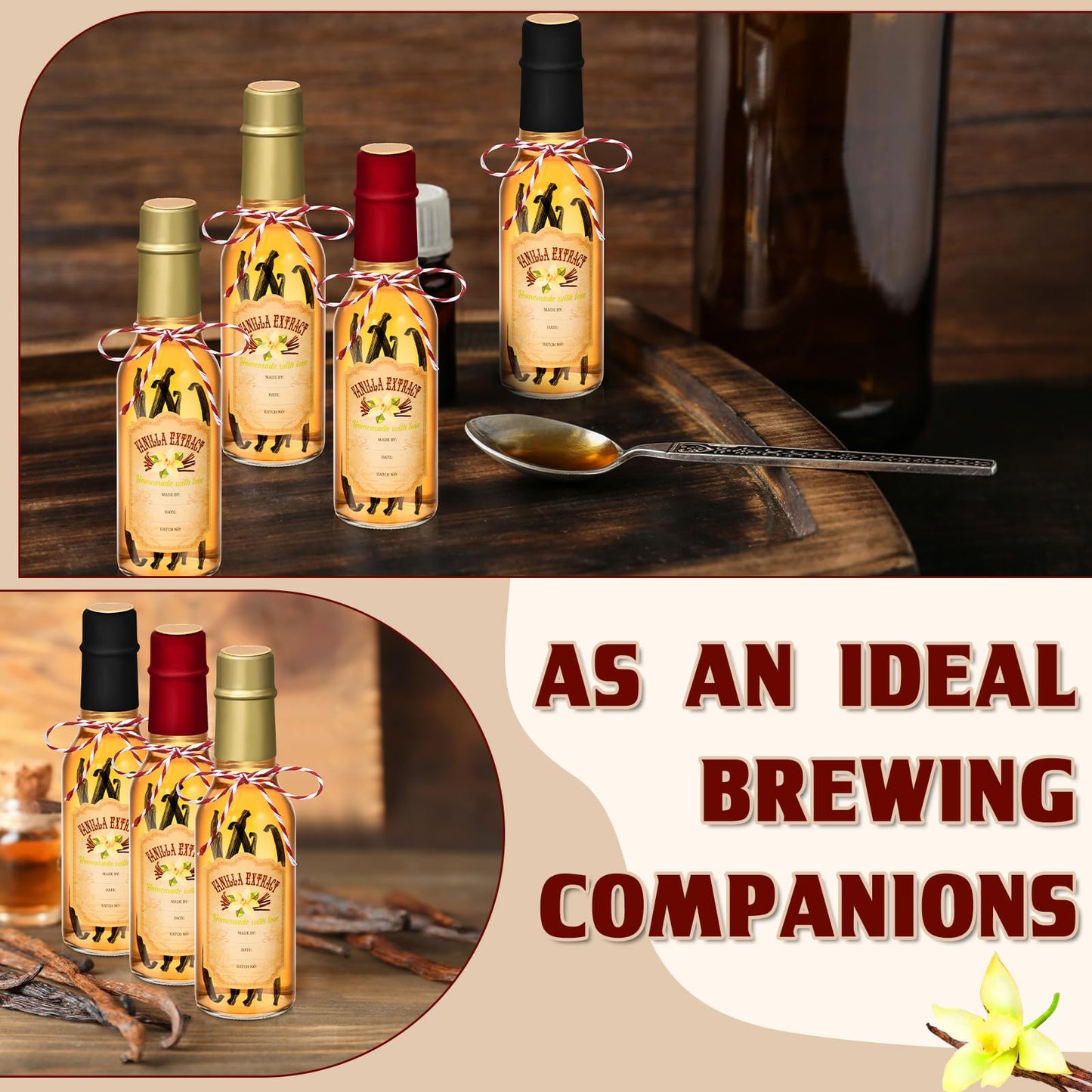 Tioncy 16 Pcs Empty Vanilla Extract Bottles for Homemade Vanilla Jar Glass Bottle with Cap, Shrink Band, Sticker DIY Crafts Wedding Gift Food Storage Canister for Bean(Black, Red, Gold,5 oz)