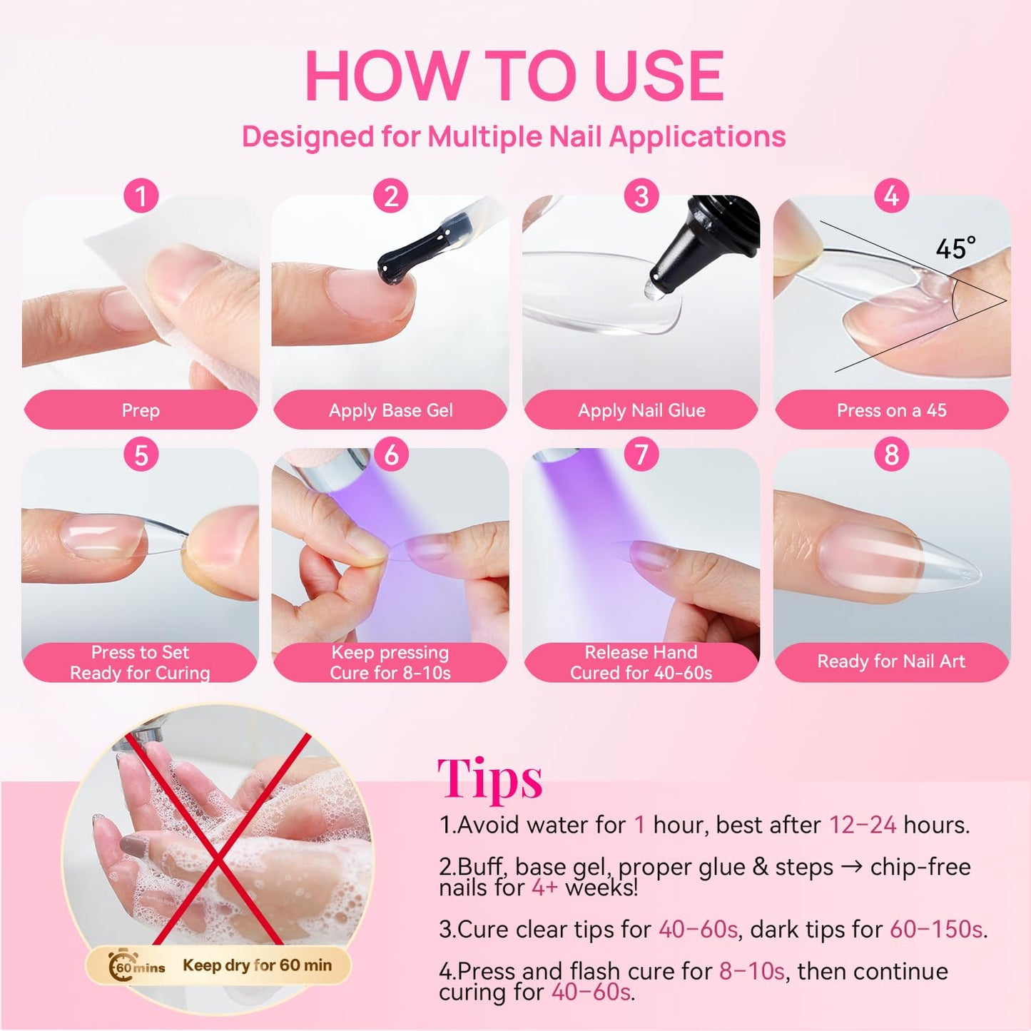 krofaue 500PCS Clear False Nail Tips + Solid Gel Nail Glue 4Pcs –UV-Cured Clear Adhesive for Press on Nails,DIY Home Salon Professional Use