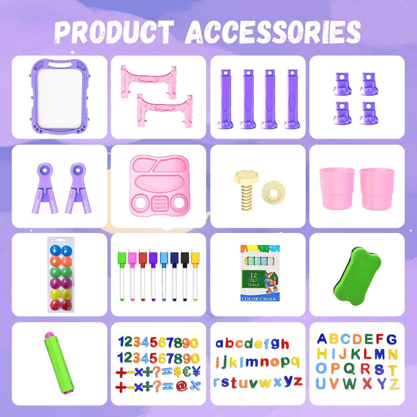 Juivin Art Easel for Kids Double Sided Magnetic Drawing Board with Letters & Numbers, Adjustable Standing Easel for Toddlers, Creative Play & Learning Toys for Girls - Purple