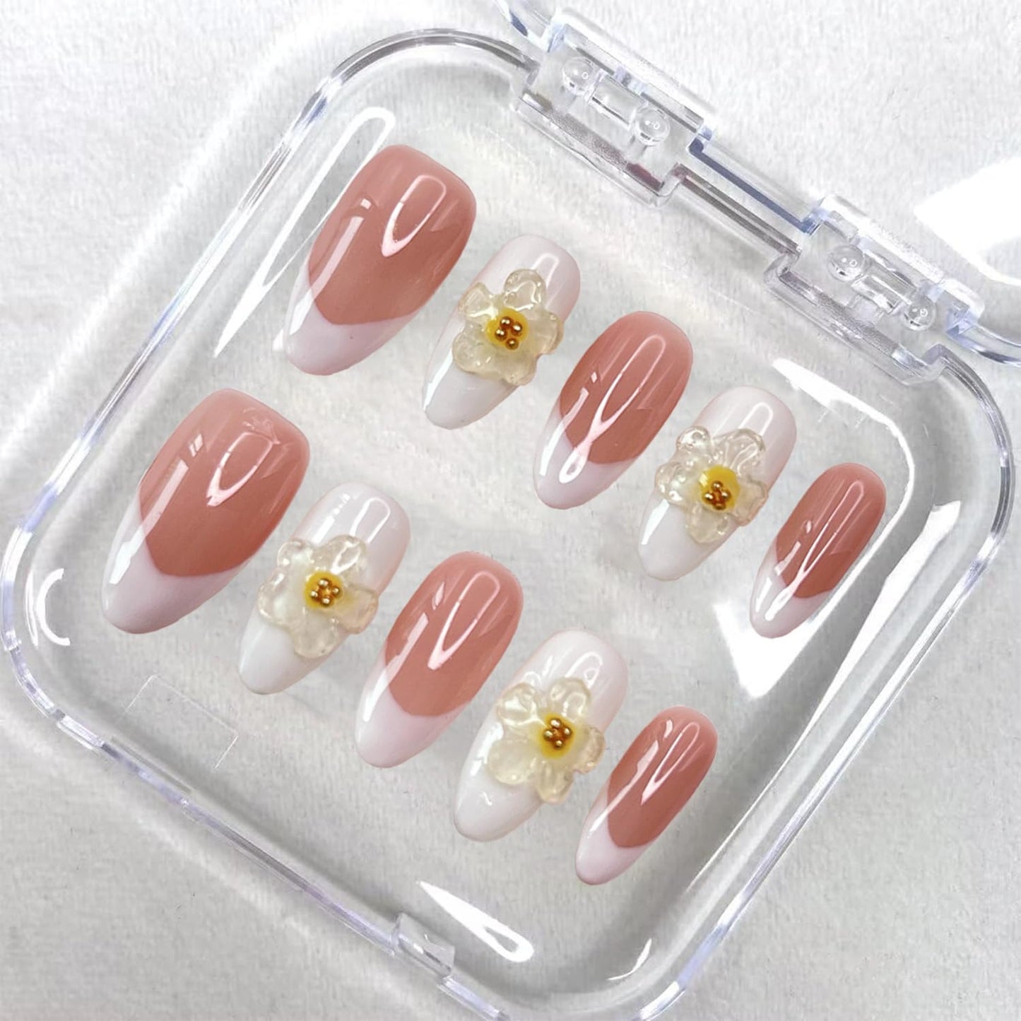 Handmade Press on Nails Medium Almond Fake Nails Press Ons White 3D Luxury Elegant Flower Full Cover Stick on Nails Glue on Nails for Women Girls Manicure (Clear White S)