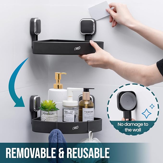 TAILI Corner Shower Caddy with Suction Cup Hooks, Aluminum Corner Shelf Basket, Wall Mounted Organizer Rack for Shampoo, No-Drilling Rustproof for Kitchen and Bathroom