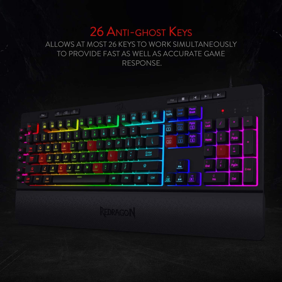Redragon K512 Shiva RGB Backlit Membrane Gaming Keyboard with Multimedia Keys, Linear Mechanical-Feel Switch, 6 Extra On-Board Macro Keys, Dedicated Media Control, Detachable Wrist Rest